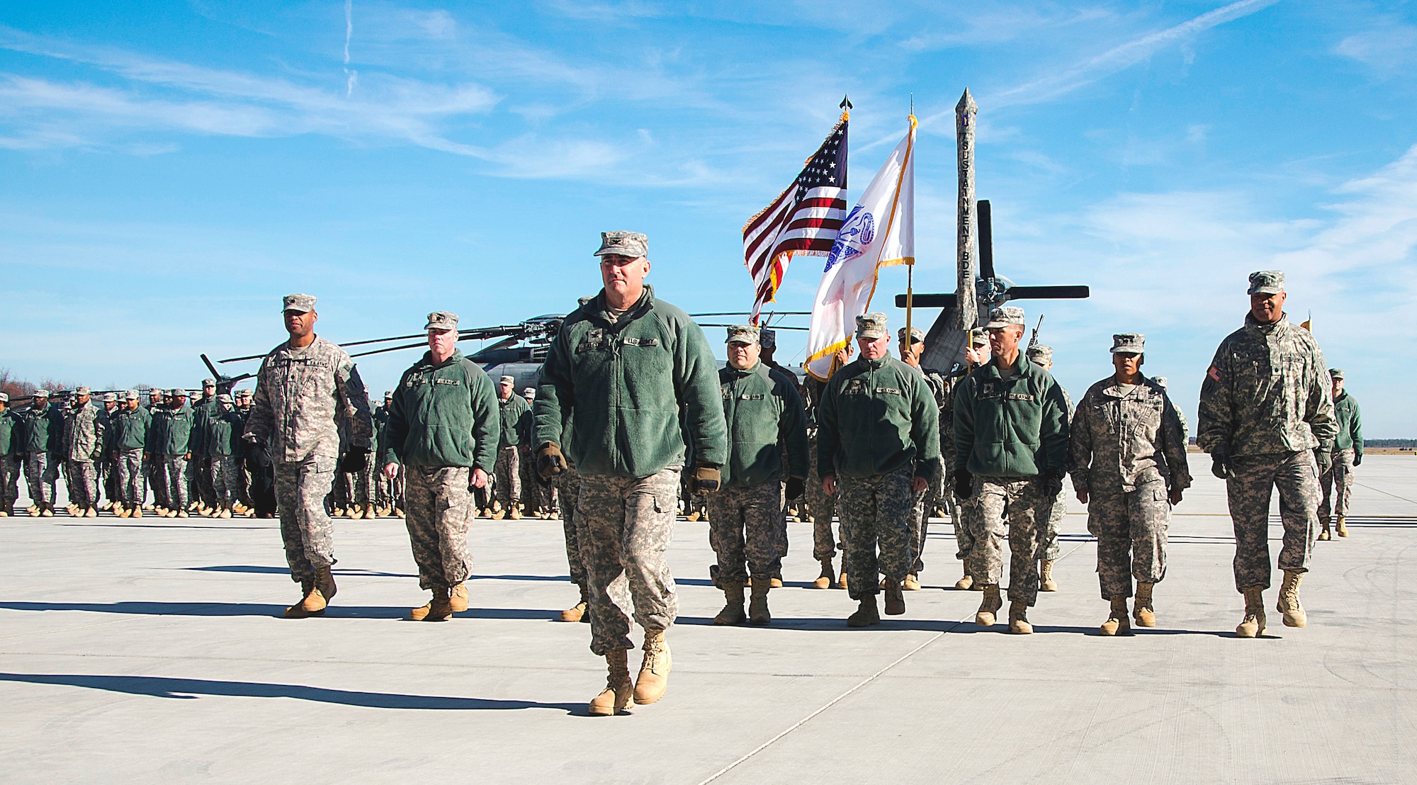COL Stephen Falcone, Army Reserve’s 77th Sustainment Brigade commander, leads his command group and color guard forward during the units Welcome Home Warrior Citizen Ceremony held at the Marine Aircraft Group 49 hangar Nov. 19. The 77th Sustainment Brigade was among the last units to deploy to Iraq as the United States began the process of handing over operations to Iraqi forces and other U.S. agencies. Its 300 Soldiers arrived in January to serve as the headquarters element for an additional 3,500 Soldiers and Airmen assigned to put the logistical plan into action.
During their deployment, they ran more than 1,700 convoys, traveled more than 4.2 million miles, issued more than 120 million gallons of fuel, moved out 2,700 tons of ammunition and transported 20 million pounds of incoming and outgoing mail. The unit transitioned more than $238 million in equipment, repair parts and other supplies to the Defense Department inventory. More than 20 percent of the 77th Sust. Bde. Soldiers elected to extend their deployments to join the 4th Brigade in seeing the mission to completion. (U.S. Army photo by Sgt. Anderson Grant/Released)
