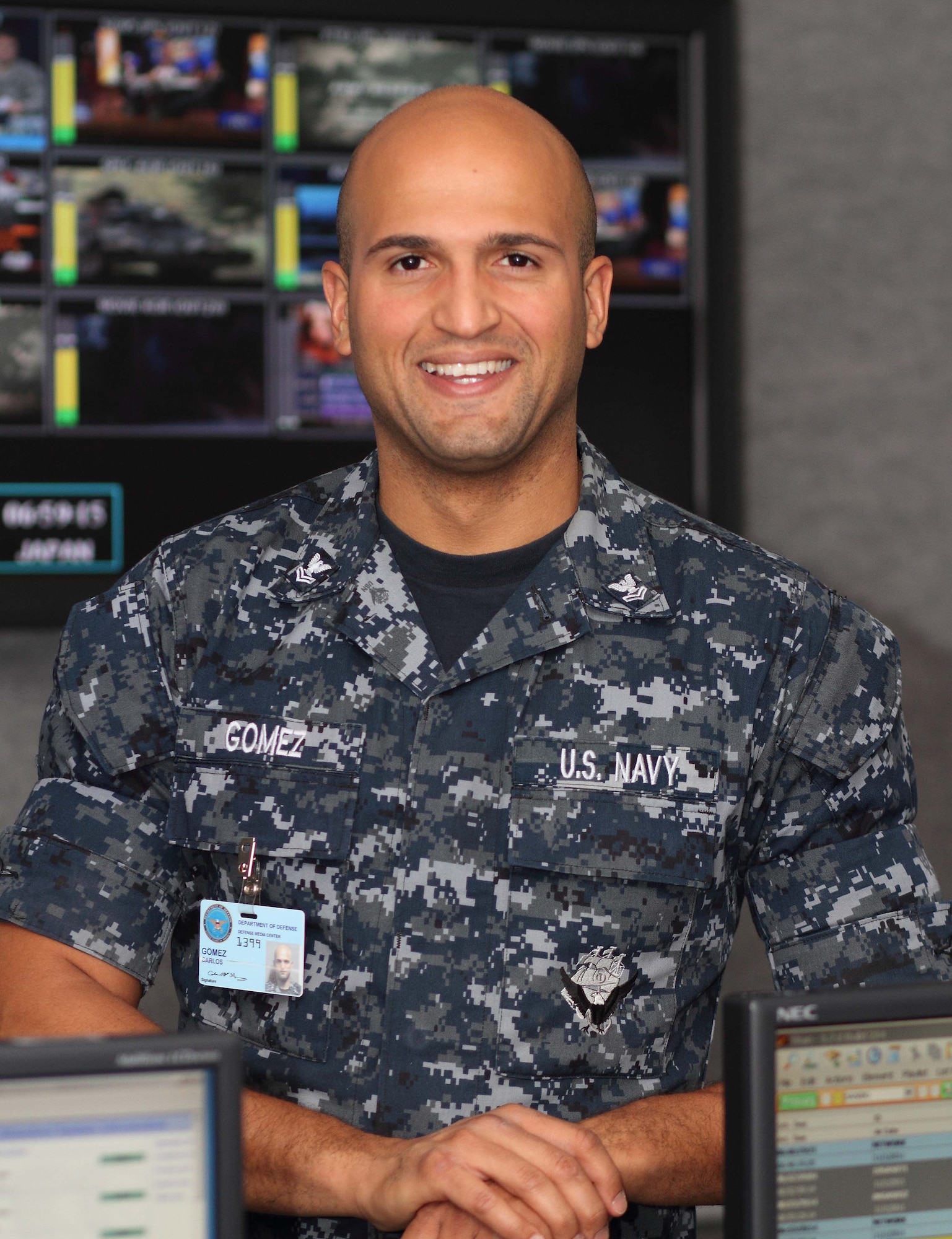 Navy Petty Officer 2nd Class Carlos Gomez is a television control operator at Defense Media Activity-Riverside, located adjacent to March Air Reserve Base, Calif. (Courtesy photo)