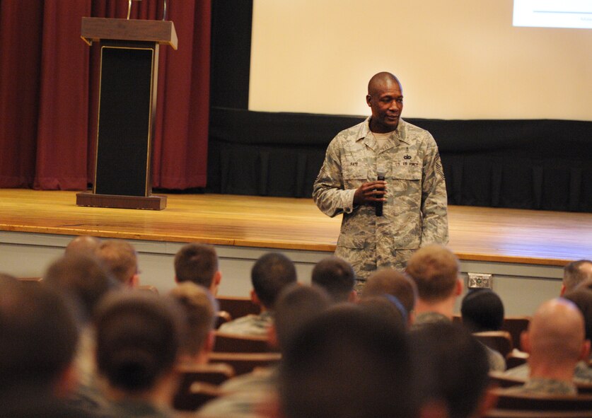 U.S. Air Force Chief Master Sgt. Lefford Fate, 20th Fighter Wing command chief, speaks to Airmen about driving under the influence at Shaw Air Force Base, S.C., Nov. 22, 2011. A DUI brief was held to tell Airmen stories from their fellow wingmen that have experienced family members or friends who have been affected by DUIs. It also informed Airmen of the consequences of receiving a DUI or not looking out for their wingmen. (U.S. Air Force photo by Airman 1st Class Tabatha Duarte/Released)
