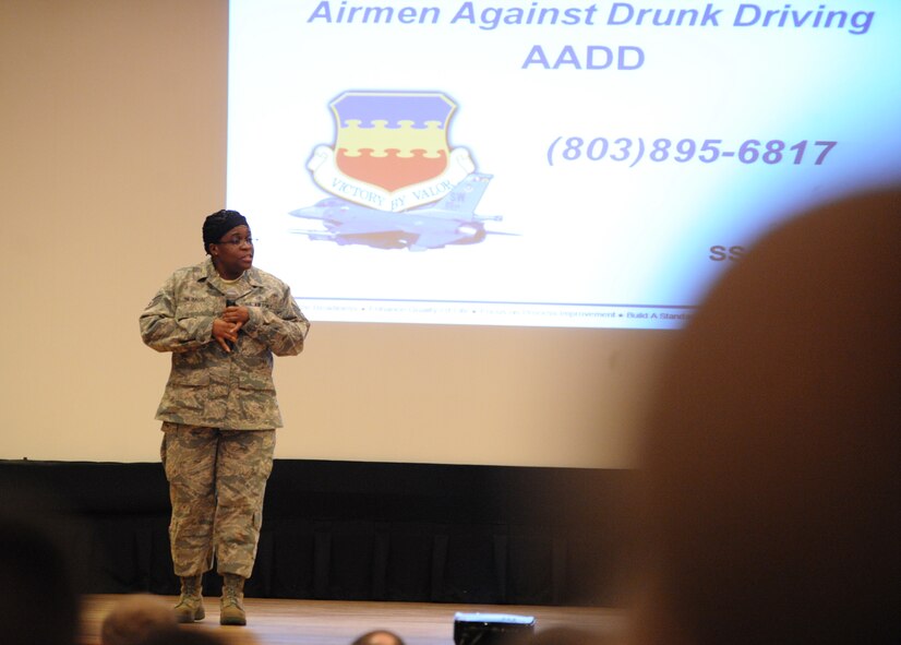 U.S. Air Force Staff Sgt. Kawanis Silimon, 20th Medical Group patient advocate, tells Airmen about the Airmen Against Drunk Driving program at Shaw Air Force Base, S.C., Nov. 22, 2011. A DUI brief was held to tell Airmen stories from their fellow wingmen that have experienced family members or friends who have been affected by DUIs. It also informed Airmen of the consequences of receiving a DUI or not looking out for their wingmen. (U.S. Air Force photo by Airman 1st Class Tabatha Duarte/Released)
