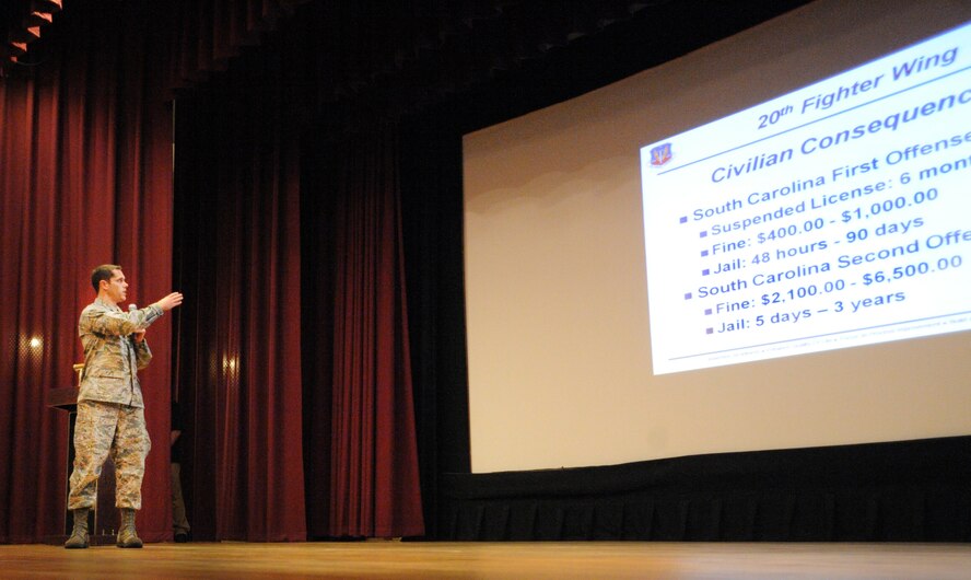 U.S. Air Force Capt. Andrew Tharp, 20th Fighter Wing assistance staff judge advocate, informs Airmen of the civilian and military consequences of receiving a driving under the influence charge at Shaw Air Force Base, S.C., Nov. 22, 2011. A DUI brief was held to tell Airmen stories from their fellow wingmen that have experienced family members or friends who have been affected by DUIs. It also informed Airmen of the consequences of receiving a DUI or not looking out for their wingmen. (U.S. Air Force photo by Airman 1st Class Tabatha Duarte/Released)