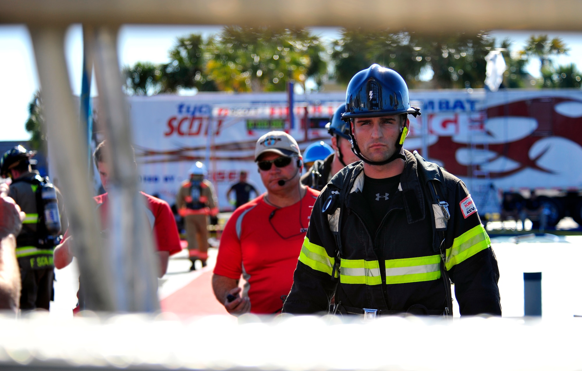 Airman 1st Class Robert Dentici, 20th Civil Engineer Squadron firefighter, gets ready to climb the stairs for the five-man relay at Scott Firefighter Combat Challenge at Myrtle Beach, S.C. Nov.14, 2011. The 20th CES firefighters competed against 180 from across the world. (U.S. Air Force photo/Airman 1st Class Daniel Phelps/Released) 