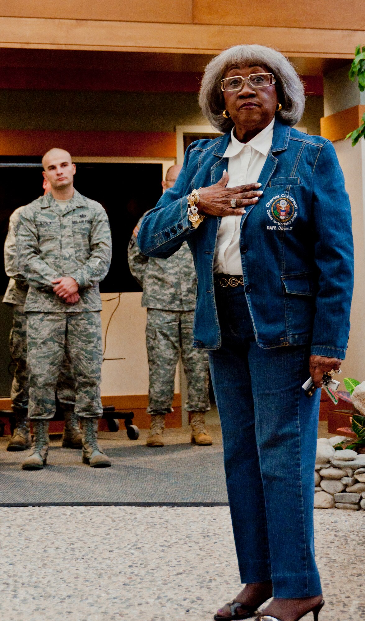 Virginia Carson gives a heart-felt thank you to the Air Force Mortuary Affairs Operations staff during a Thanksgiving luncheon, Nov. 17, 2011, at the Charles C. Carson Center for Mortuary Affairs, at Dover Air Force Base, Del. The mortuary building was named after Carson’s late husband, who served as chief mortuary officer from 1971 to 1996. (U.S. Air Force Photo/Staff Sgt. Agustin G. Salazar) 
