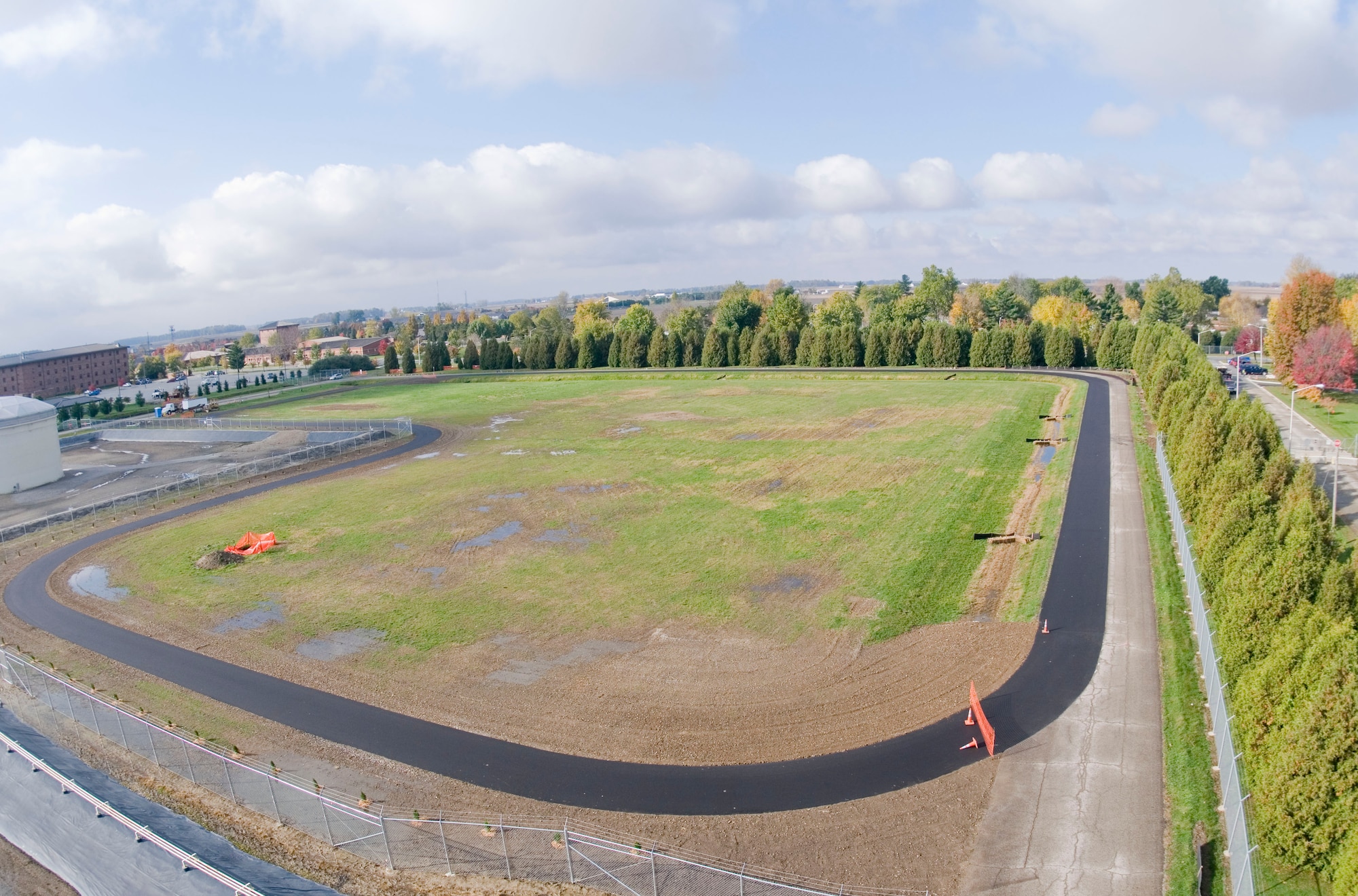 GRISSOM AIR RESERVE BASE, Ind. -- An aerial view of a new track here at Grissom can be seen in this photo. The new track is scheduled to open in April 2012. The new track will be beneficial for the base because it not only will help address some safety concerns, it will also help runners time themselves better. It's also a controlled area so there is no need to block the road and the runners don't have to worry about vehicle fumes. (U.S. Air Force photo/Senior Airman Jami K. Lancette)