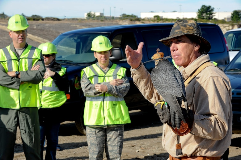 VANDENBERG AIR FORCE BASE, Calif. -- Craig Golden, a falconer from Safari Depredation Company, talks to base leadership about how his falcon, Maverick, keeps birds and other small animals out of the landfill here Wednesday, Nov. 23, 2011. The pressure from falcons and hawks help keep animals, like seagulls and other birds, from removing the refuse to other areas of the base and helps keep landfill workers safe. While the falcons are intimidating to many of the small animals in the area, they still have to be careful for local territorial predators.  (U.S. Air Force photo/Staff Sgt. Levi Riendeau)