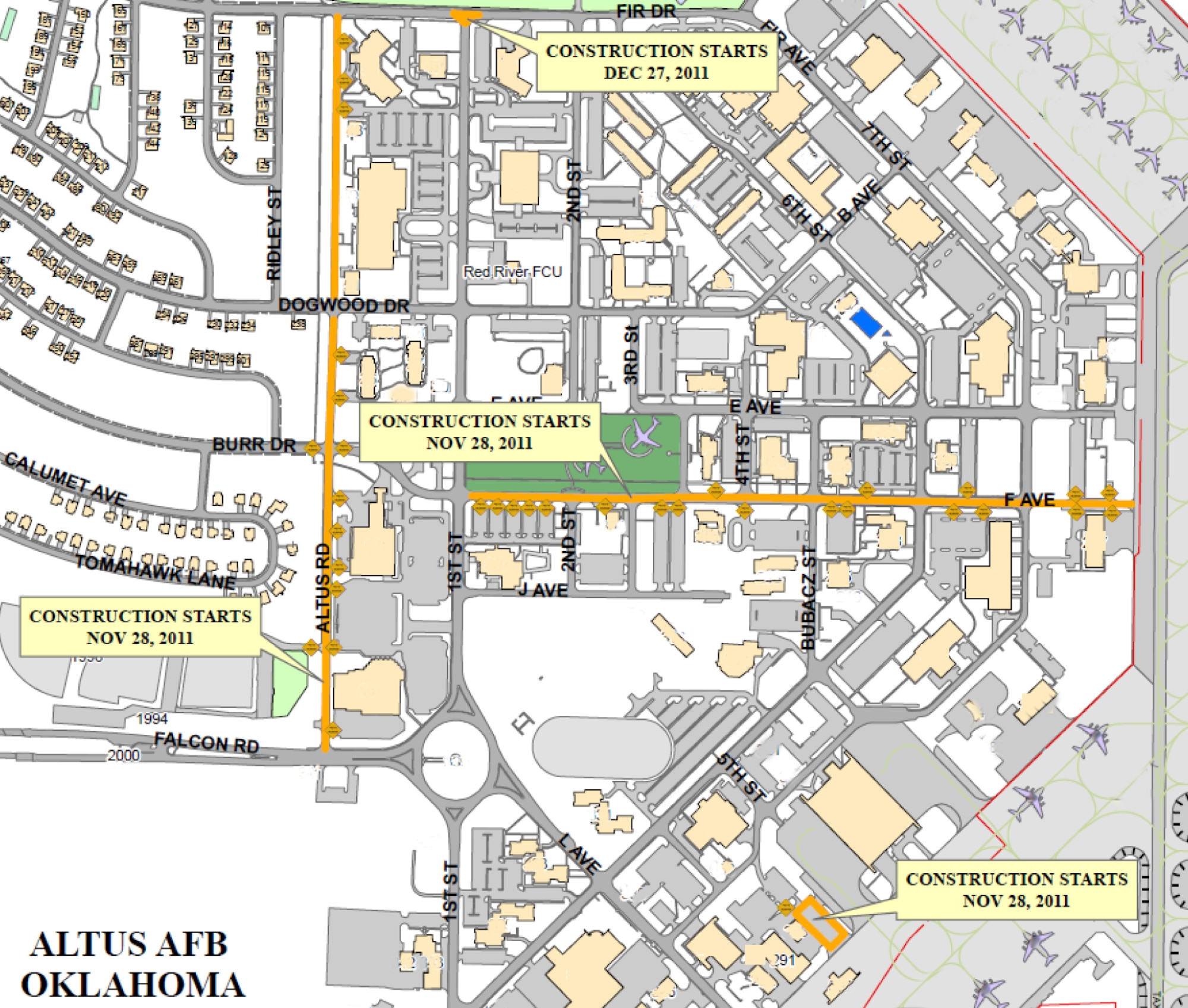 Altus AFB pending road construction map. Residents are asked for patience and to prepare for potential traffic delays. (U.S. Air Force illustration by Master Sgt. Brian Boisvert / 97th Air Mobility Wing)
