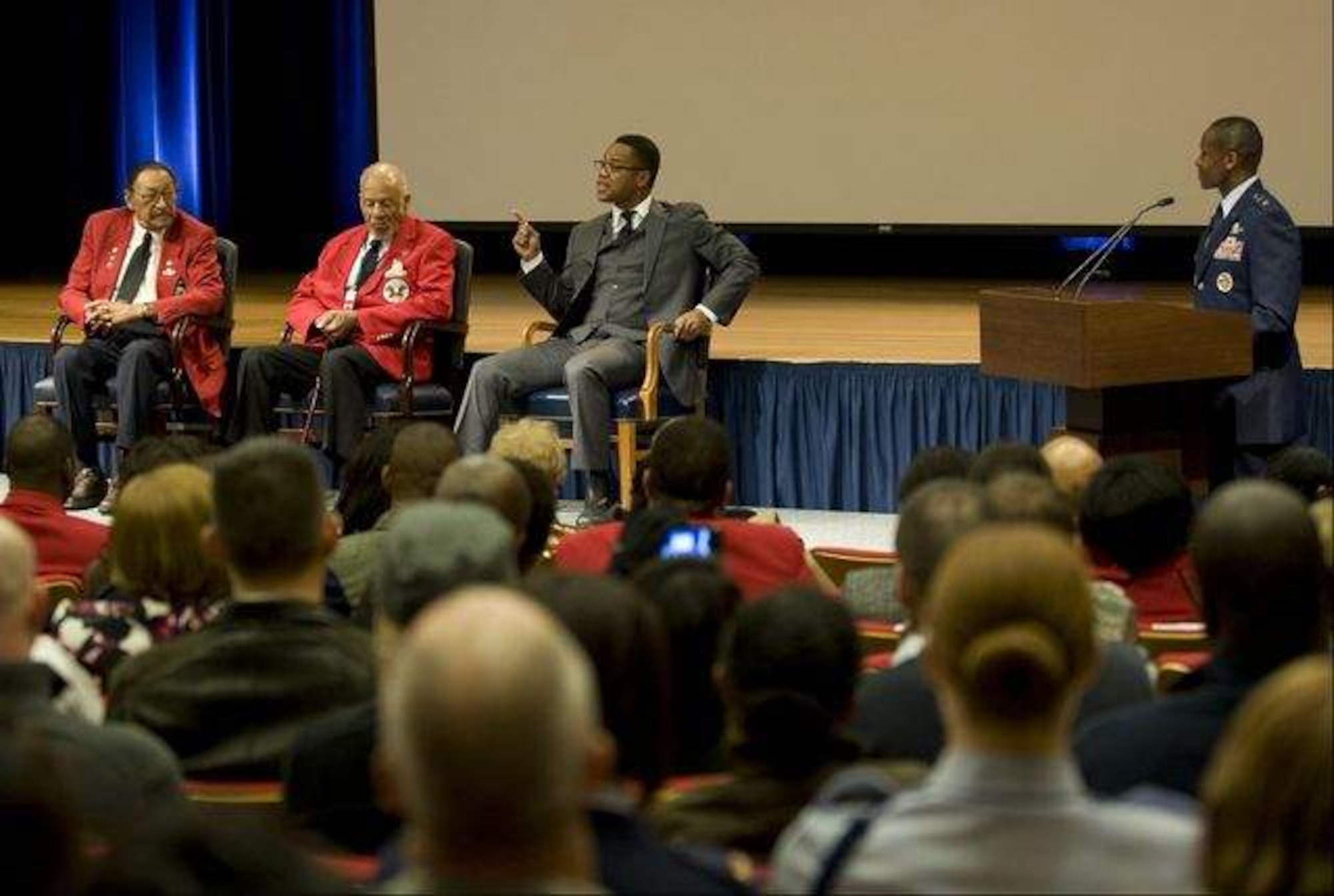 Left to Right: Tuskegee Airmen Lemuel Lewie Jr. and William Broadwater, actor Cuba Gooding Jr. and Maj. Gen. Darren McDew answer questions after a screening of “Double Victory” Nov. 10 at the Pentagon. Lewie and Broadwater discussed their time as Tuskegee Airmen and the struggles they faced with overseas’ enemies and racism at home during World War II. McDew is the commander of the Air Force District of Washington. (U.S. Air Force photo/Staff Sgt. Tiffany Trojca)


