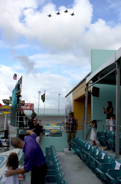 Members of the Homestead Air Reserve Base watch the base's  F-16 Fighter Jets perform a well times flyover at the Homestead Miami Speedway during the NASCAR Sprint Cup Series Ford 400 on Nov. 20. (U.S. Air Force photo by Senior Airman Lou Burton)