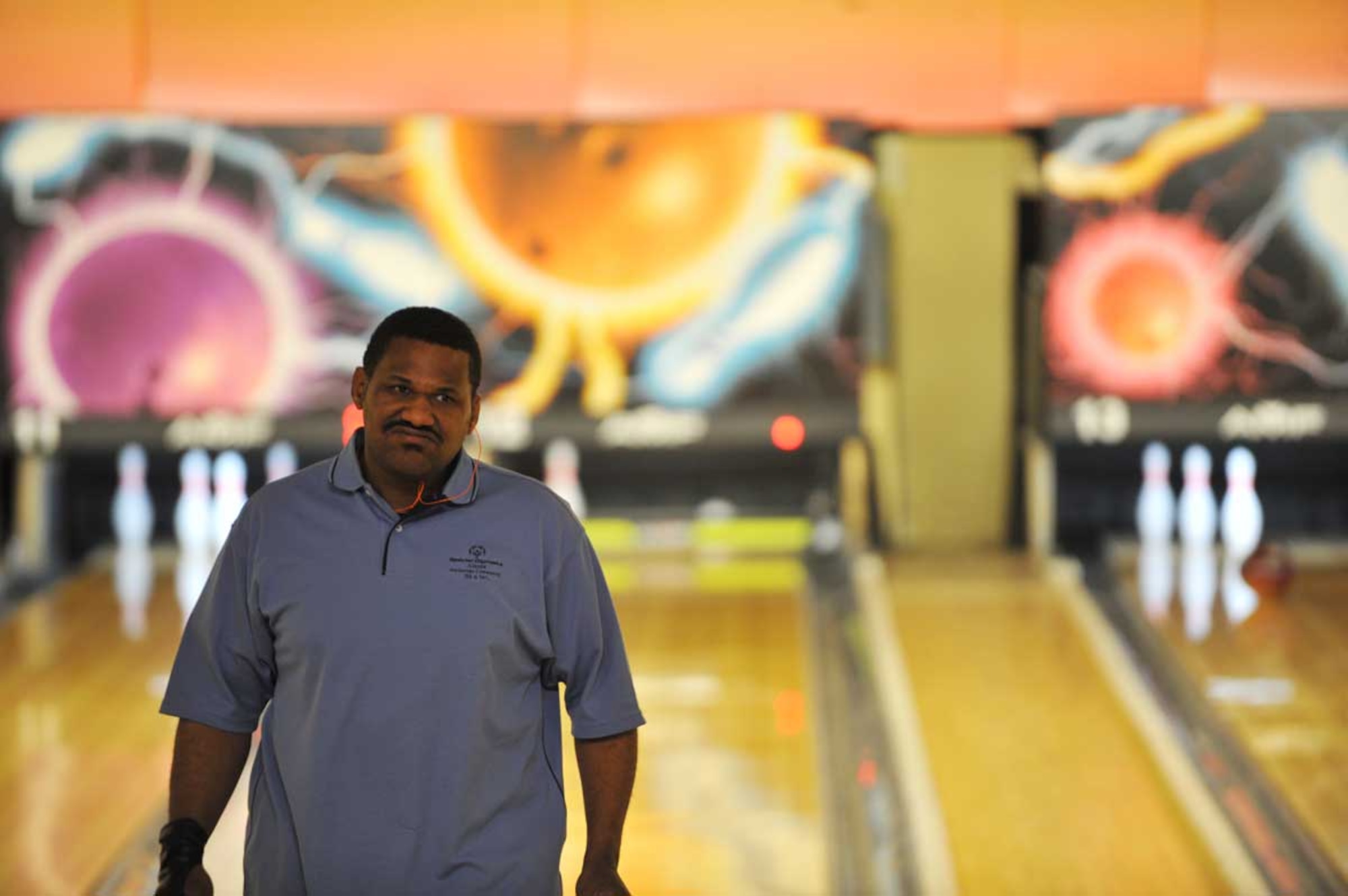 Special Olympics participant Andre Hogg puts on his game face for the 7th Annual Special Olympics tournament at the Polar Bowl facility on Sunday. 236 Special Olympics athletes came to JBER from all over southcentral Alaska to bowl. (U.S. Air Force photo/Airman 1st Class Ty-Rico Lea)