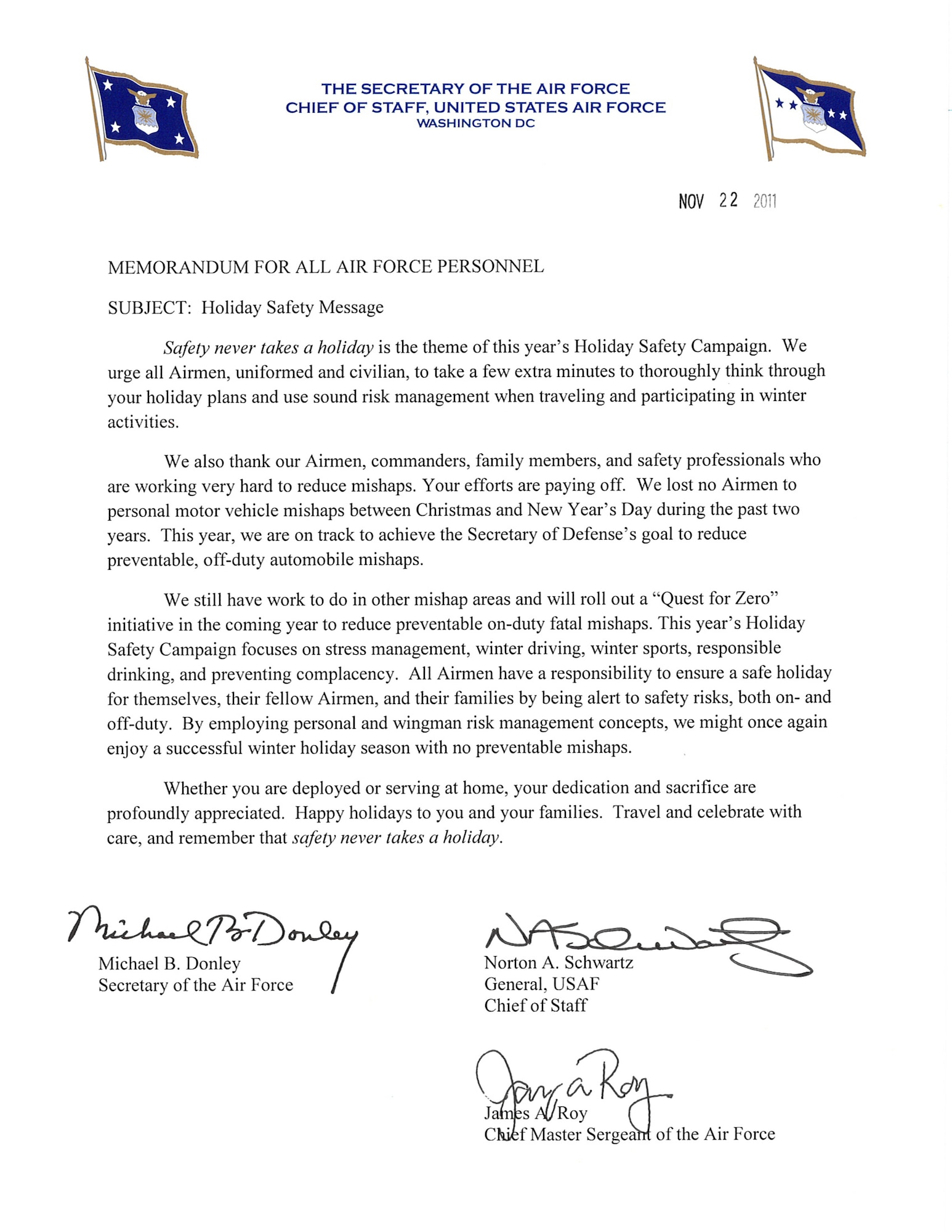 Air Force leaders issue holiday safety message

