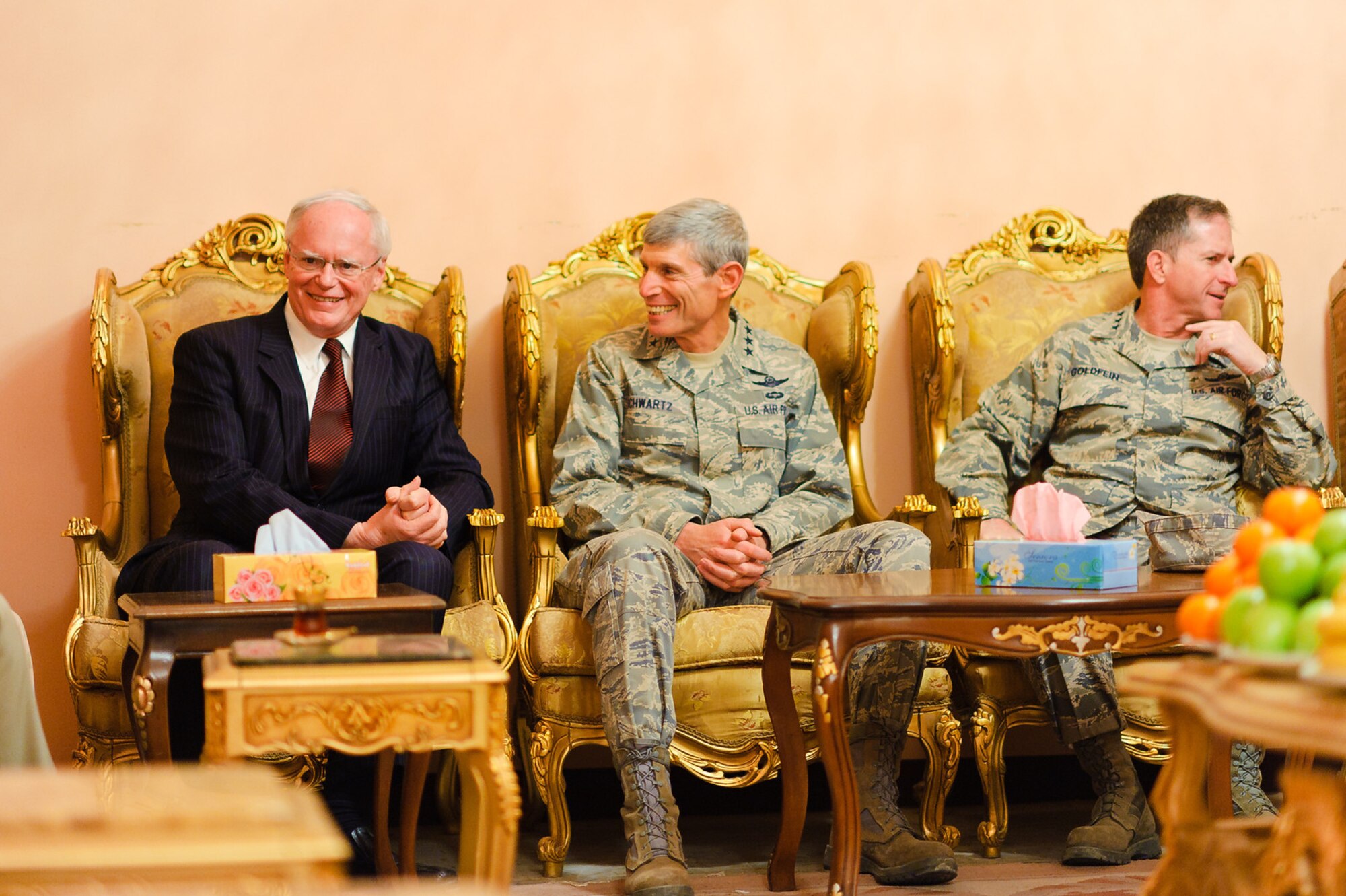 Air Force Chief of Staff Gen. Norton Schwartz enjoys a discussion with U.S. Ambassador to Iraq James Jeffrey (left), Nov. 17, 2011, in Baghdad, Iraq. To Schwartz’s left is U.S. Air Forces Central Command Commander Lt. Gen. David Goldfein. Schwartz visited Airmen throughout the U.S. Central Command area of responsibility in conjunction with attending the Dubai International Air Chiefs Conference. During his trip to Iraq, Schwartz met with Airmen at Sather Air Base and FOB Union III, as well as with U.S. and Iraqi leaders. (U.S. Army photo/John D. Helms) 
