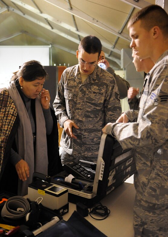 Staff Sgt. Igor Pogrebnyak (middle) translates Senior Airman Nate Gunty’s explanation of a  ADM-300 radiological detection machine to Cholpon Chekirova during an information exchange at the Transit Center at Manas, Kyrgyzstan, Nov. 22. Chekirova is a member of the Kyrgyz Ministry of Emergency Services. Pogrebnyak is a Theater Security Cooperation linguist deployed from Creech Air Force Base, Nev. Gunty is a 376th Expeditionary Civil Engineer Squadron chemical, biological, radiological, nuclear and high-yield explosives response specialist deployed from Vandenberg Air Force Base, Calif.  (U.S. Air Force photo/Tech. Sgt. Tammie Moore)