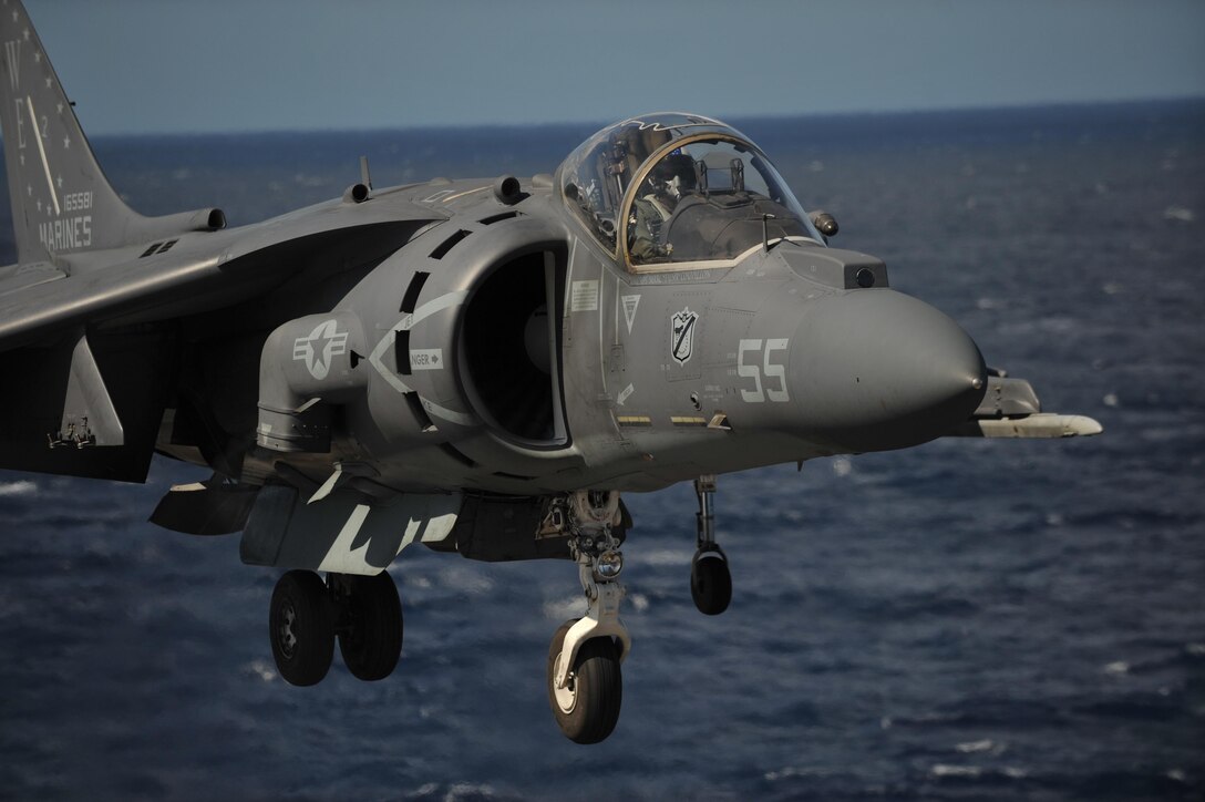 An AV-8B Harrier with the 11th Marine Expeditionary Units aviation combat element, Marine Medium Helicopter Squadron 268 (Reinforced) lands aboard USS Makin Island here Nov. 23. The unit embarked USS Makin Island, USS New Orleans and USS Pearl Harbor in San Diego Nov. 14 to begin a seven-month deployment to the Western Pacific and Middle East regions.