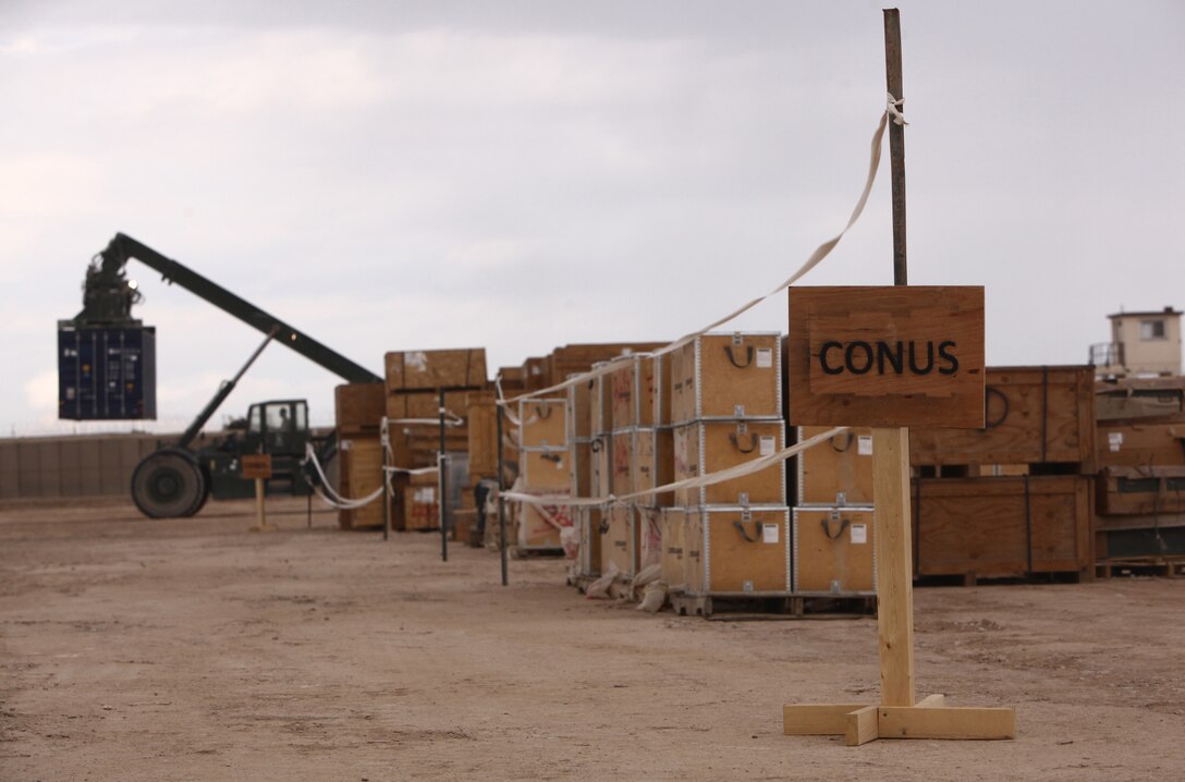 Boxes of excess gear and equipment are staged at the sort lot aboard Camp Leatherneck, Afghanistan, Nov. 24 as part of Operation Clean Sweep. After being inventoried and cleaned, this gear will be shipped back to the United States or to a unit currently deployed. (U.S. Marine Corps Photo by Cpl. Michael Augusto)