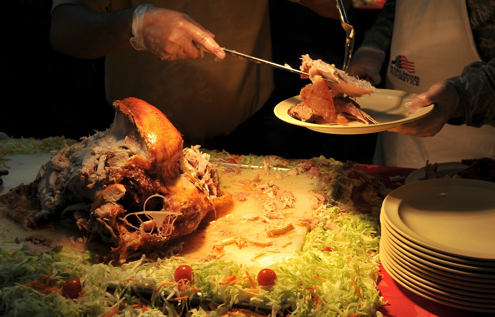 Slices of turkey along with roast beef, ham and stuffing were just a few of the traditional foods served during a Thanksgiving Day meal Nov. 24, 2011, at an undisclosed location in Southwest Asia. (U.S. Air Force photo/Senior Airman Paul Labbe)