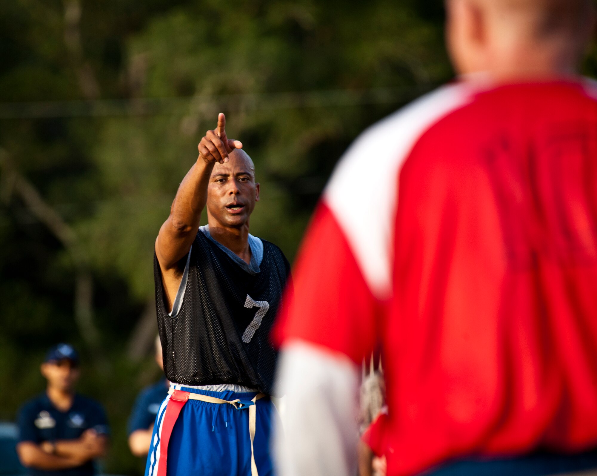 Eagles’ quarterback, Tony Douglas, calls out the play during half-time at the annual Chiefs versus Eagles football game Nov. 22 at Eglin Air Force Base, Fla.  The Eagles avenged last year’s defeat by dominating the Chiefs 35-13.  (U.S. Air Force photo/Samuel King Jr.)