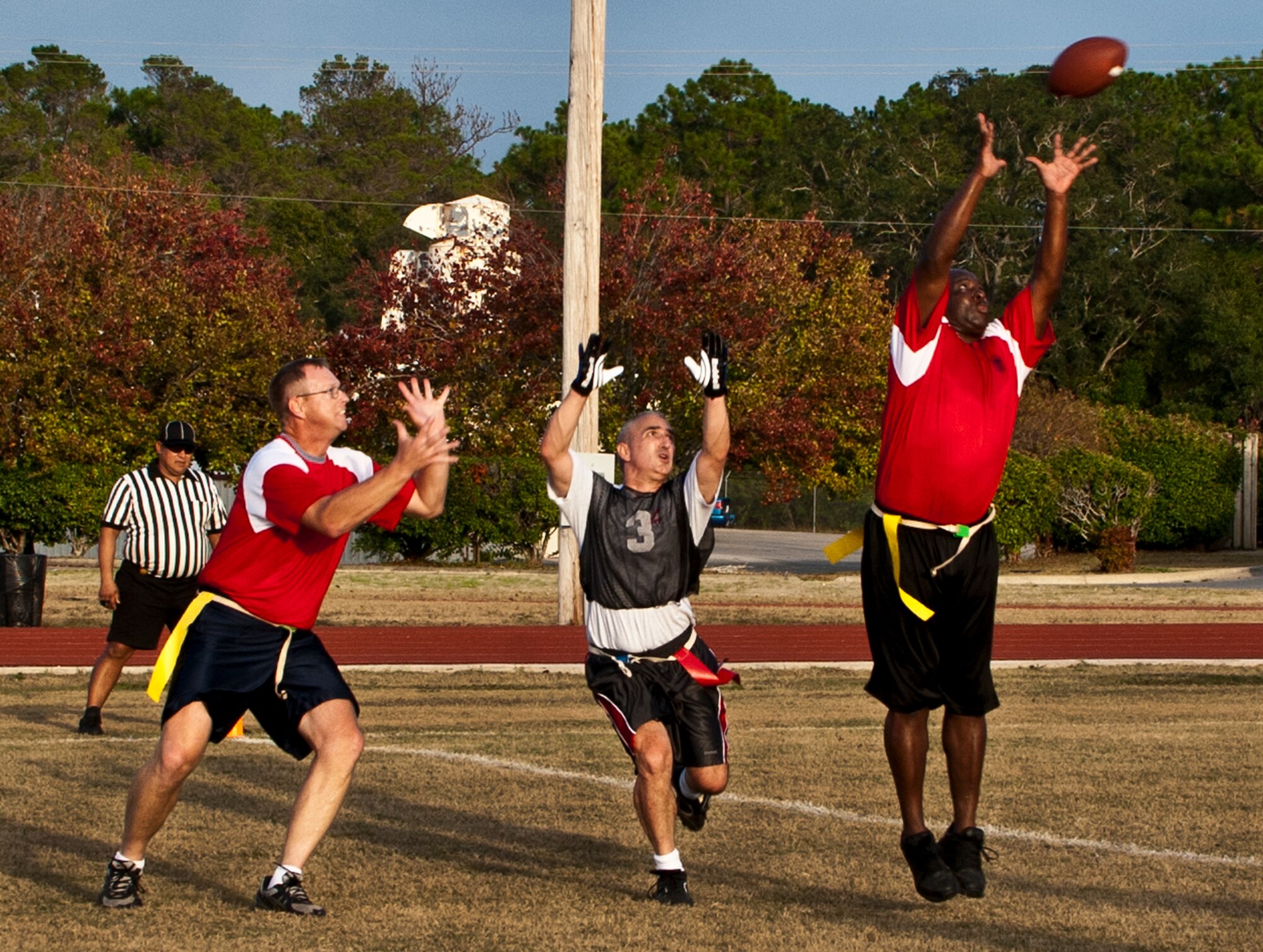 Ricky Brown goes up for one of the Chiefs’ two touchdown receptions during half-time at the annual Chiefs versus Eagles football game Nov. 22 at Eglin Air Force Base, Fla.  The Eagles avenged last year’s defeat by dominating the Chiefs 35-13.  (U.S. Air Force photo/Samuel King Jr.)