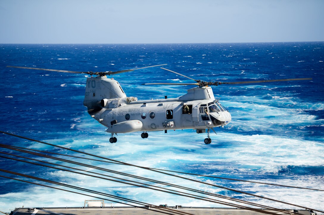 A CH-46E Sea Knight with Marine Medium Helicopter Squadron 268 (Reinforced) takes off from USS Pearl Harbor here Nov. 25. The squadron is the aviation combat element for the 11th Marine Expeditionary Unit, which embarked USS Makin Island, USS New Orleans and USS Pearl Harbor in San Diego Nov. 14 beginning a seven-month deployment to the Western Pacific and Middle East regions.
