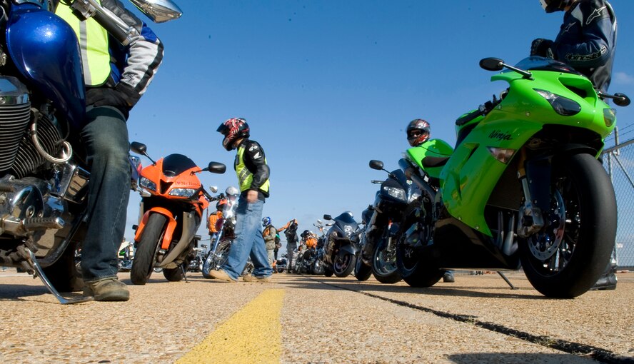 Members of Team Barksdale prepare for a motorcycle fun ride on Barksdale Air Force Base, La., Nov. 23. A fun ride was organized for motorcycle enthusiasts to promote riding safety and to kick off the holiday season. (U.S. Air Force photo/Airman 1st Class Benjamin Gonsier)(RELEASED)