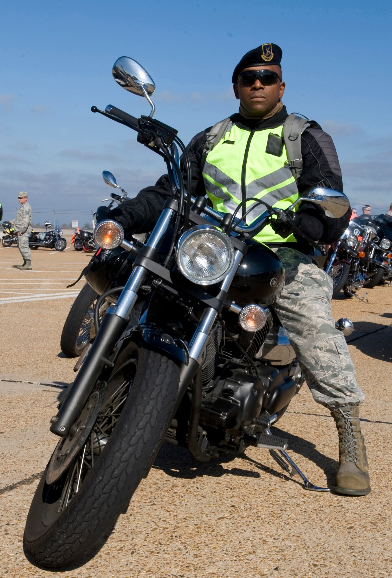 Master Sgt. Curtis Williams, 2nd Security Forces Squadron, prepares for a motorcycle fun ride on Barksdale Air Force Base, La., Nov. 23. To raise awareness for motorcycle safety, members of Team Barksdale gathered at Hoban Hall parking lot to receive a briefing from Col. Tim Fay, 2nd Bomb Wing commander, and to kick off the holiday season with a motorcycle fun ride. (U.S. Air Force photo/Airman 1st Class Benjamin Gonsier)(RELEASED)
