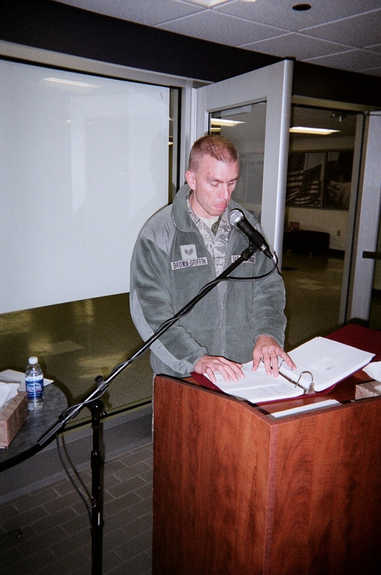 914th Logistics Readiness Squadron NCO Staff Sgt. Robert Browngriffin reads names of those servicemembers killed in Operation Enduring Freedom and Operation Iraqi Freedom. The Objective of the National Roll Call is to have a synchronized reading of all the names of the Operation Enduring Freedom and Operation Iraqi Freedom casualties with all participating schools observing a pause at 11:00 a.m. Pacific Standard Time to observe a simultaneous “minute of silence” across the nation. (Courtesy Photo)