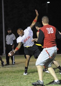 John Grey scored two touchdowns in the 59th Dental Squadron's win over Joint Base San Antonio-Randolph's 359th Medical Group Tuesday. Dental captured its first JBSA Flag Football Championship. (U.S. Air Force photo/Robbin Cresswell)