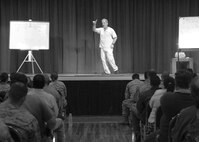 Steve Verret, a standup comedian and traffic safety expert, uses comedy to deliver traffic safety information during the safety expo May 24 at Arnold Hall. (U.S. Air Force photo/Robbin Cresswell)
