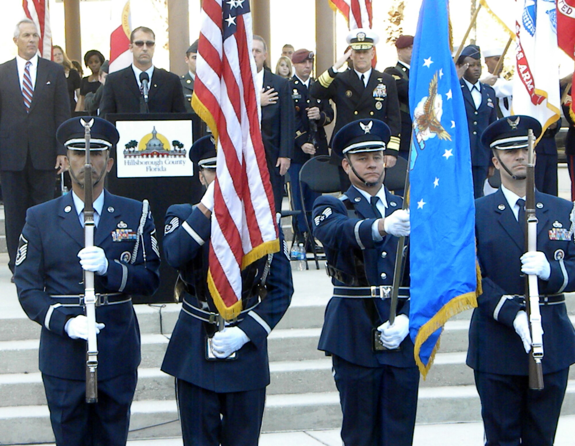 TAMPA, FL -- Reservists from the 927th Air Refueling Wing Honor Guard paid tribute to their military legacy by performing at the 2011 Tampa Chamber of Commerce Veterans Day Celebration in November.  The honor guard is made up of Air Force members who represent the highest standards of the Air Force and their nation in the ceremonies they perform at celebrations and military funerals. (Photo courtesy of honor guard member Master Sgt. Matthew Jordan)