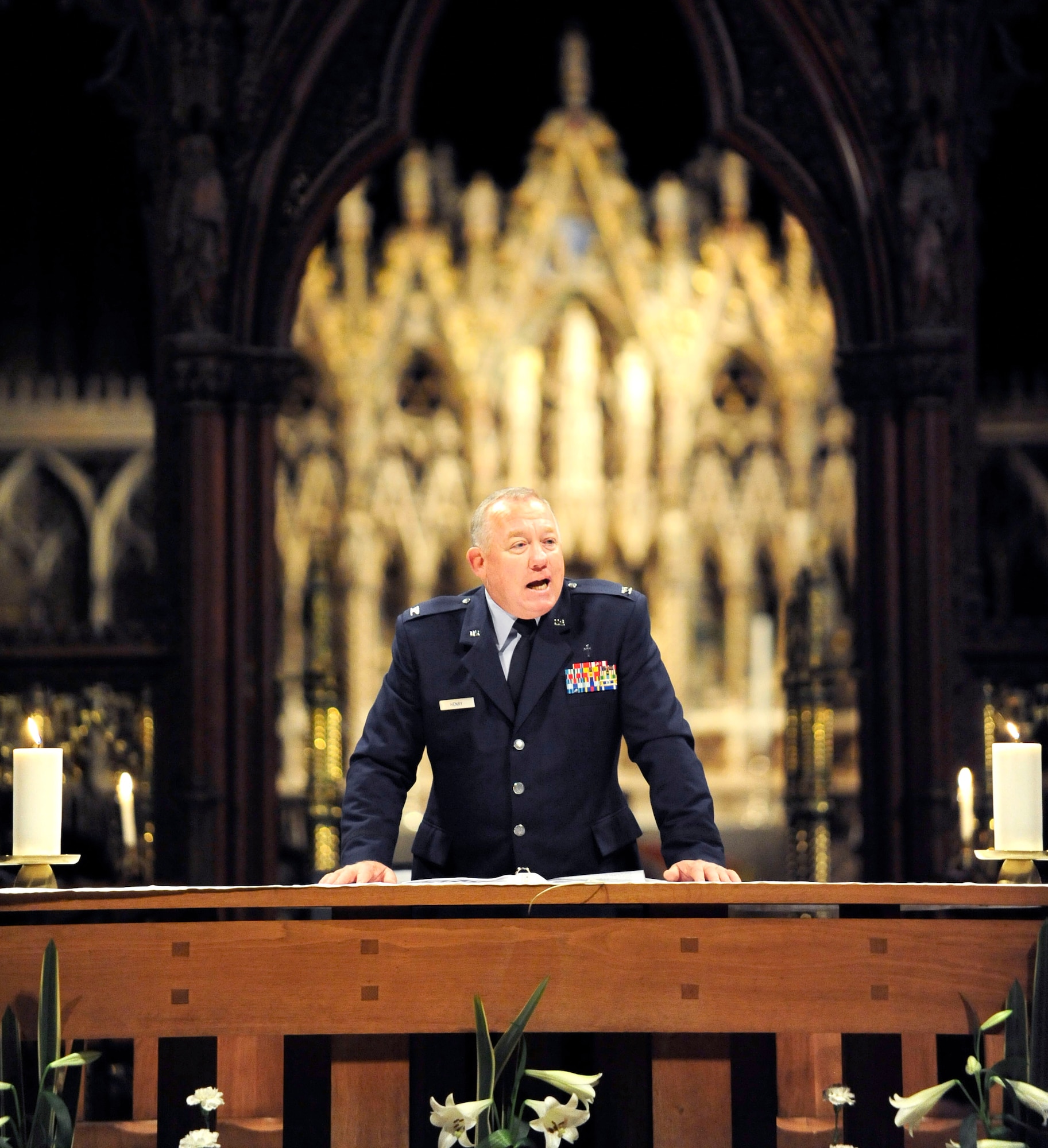 RAF MILDENHALL, England – Chaplain (Col.) Gerald Scott Henry, U.S. Air Force in Europe command chaplain, guest speaker at the event, addresses attendees at the 25th annual Thanksgiving service in Ely Cathedral Nov. 23, 2011. The service of thanks is conducted every year for American service members, their families and other employees of RAF Mildenhall and RAF Lakenheath. (U.S. Air Force photo/Senior Airman Ethan Morgan)