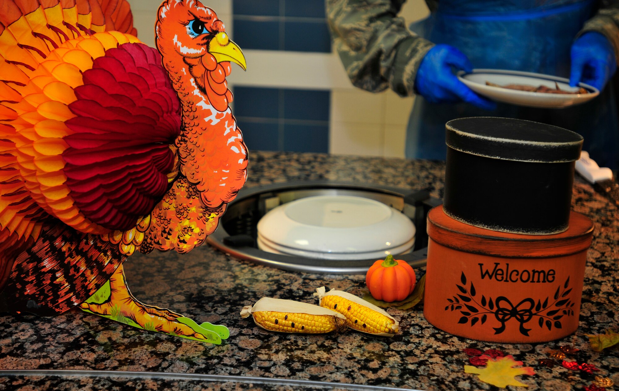 ROYAL AIR FORCE LAKENHEATH, England - Base leadership officials serve up Thanksgiving meals at the Knight's Inn Dining Facility, Nov. 24, 2011. Each year, base leadership officials volunteer their time to serve Thanksgiving meals to Airmen, civilians and families. (U.S. Air Force photo by Senior Airman Tiffany M. Deuel)