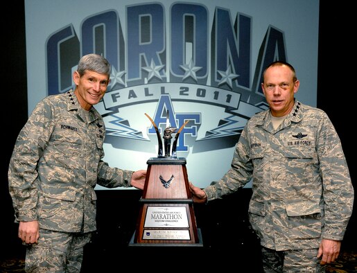 Air Force Chief of Staff Gen. Norton Schwartz awards the Marathon MAJCOM Challenge trophy to Gen. Donald Hoffman, Air Force Materiel Command commander, on Nov. 4, 2011, at the U.S. Air Force Academy, Colo.  This was the second time AFMC has won the coveted trophy.  (U.S. Air Force photo)