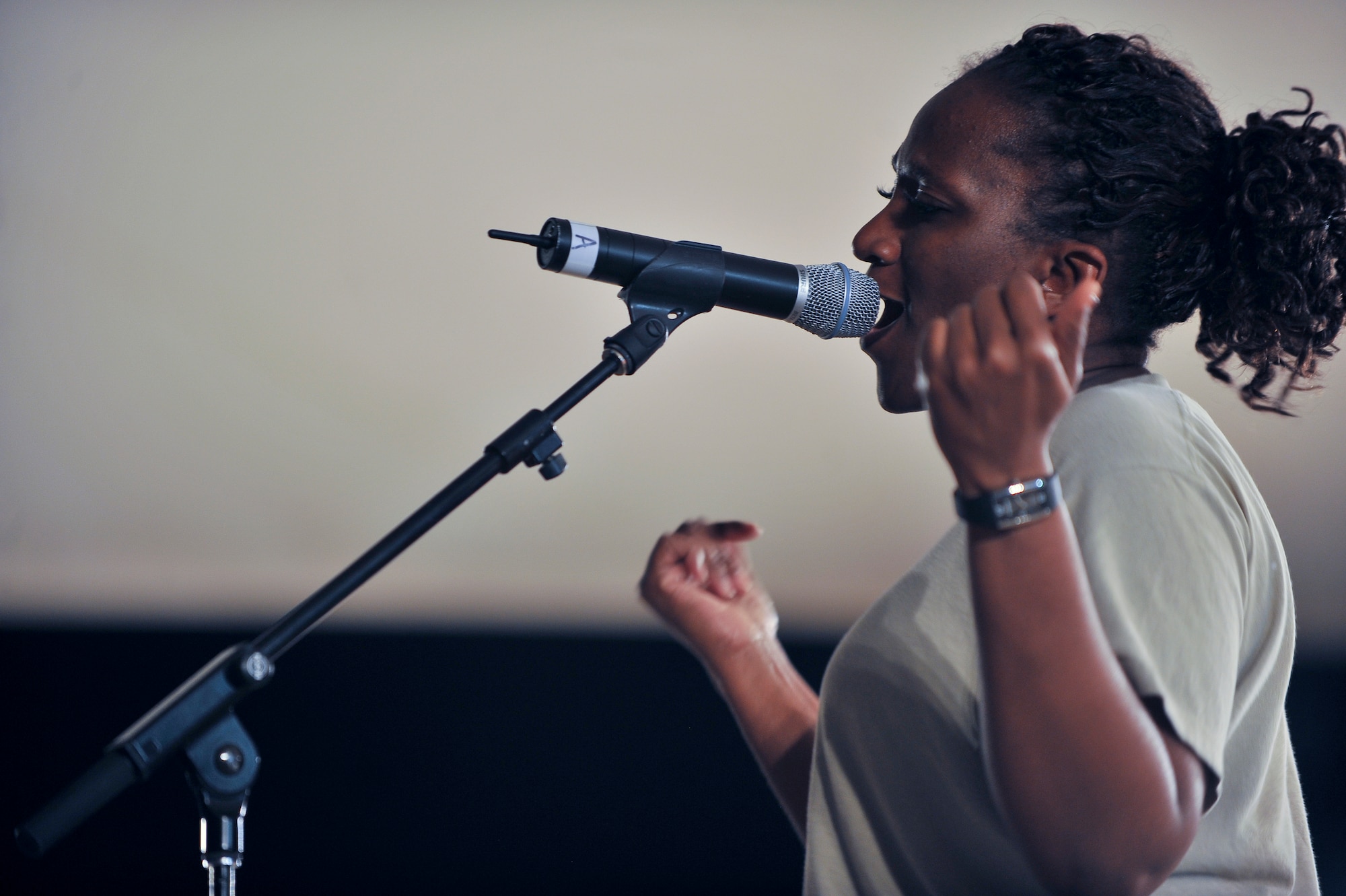 Tech. Sgt. Amber Grimes, U.S. Air Forces Central Command band ‘Top Cover’ lead vocalist, performs during a farewell concert at the Memorial Plaza Nov. 25, 2011, at an undisclosed location in Southwest Asia. During its deployment, the band toured seven countries and made more than 80 appearances, playing such songs as “Forget you” by Cee-Lo Green, “R.E.S.P.E.C.T” by Aretha Franklin, “Don’t Stop Believing” by Journey and “Freebird” by Lynyrd Skynyrd. Grimes, a native of Columbus, Ga., is deployed from Joint Base Elmendorf-Richardson, Alaska. (U.S. Air Force photo/Senior Airman Paul Labbe)