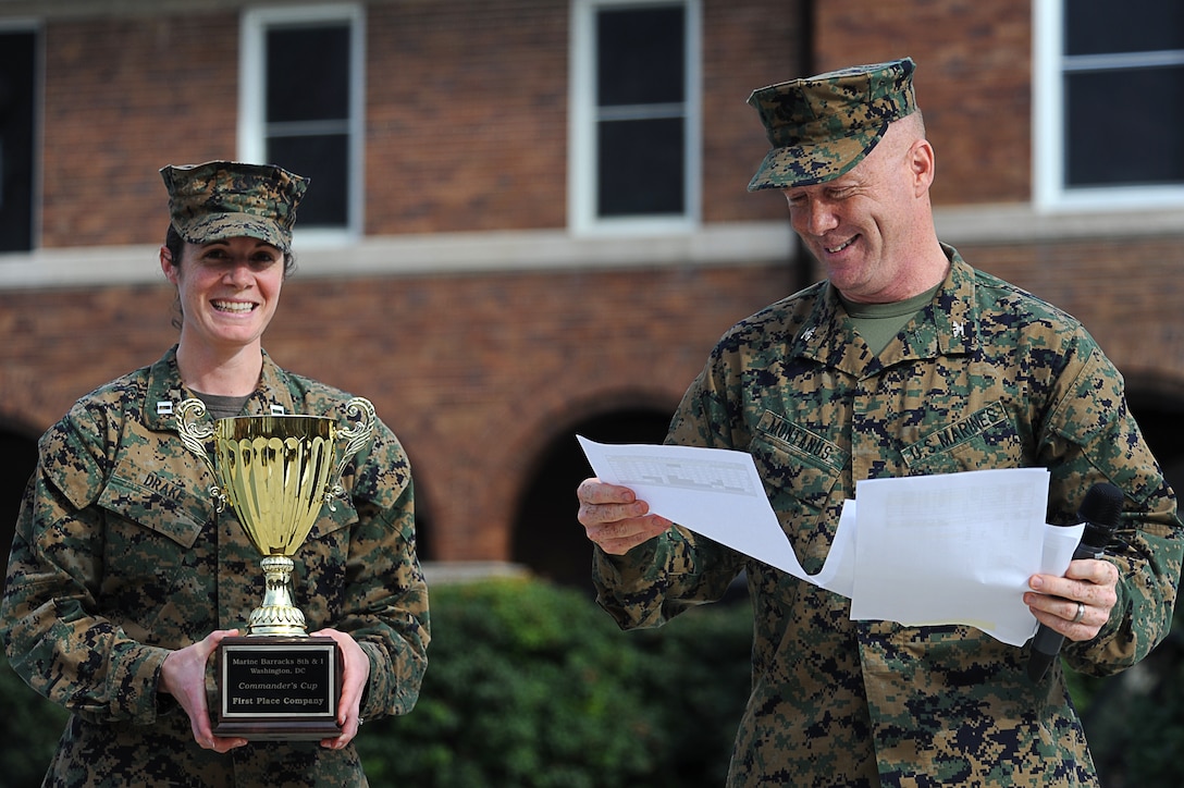 Col. Paul D. Montanus, Marine Barracks Washington commanding officer, right, and Capt. Stephanie Drake, Marine Corps Institute Company logistics officer, smile before announcing the overall winning company during the 2011 Commander’s Cup award ceremony here Nov. 28. The Commander’s Cup was comprised of 14 competitions throughout the year testing the Marines’ military knowledge, marksmanship, competitiveness and physical and mental discipline.
