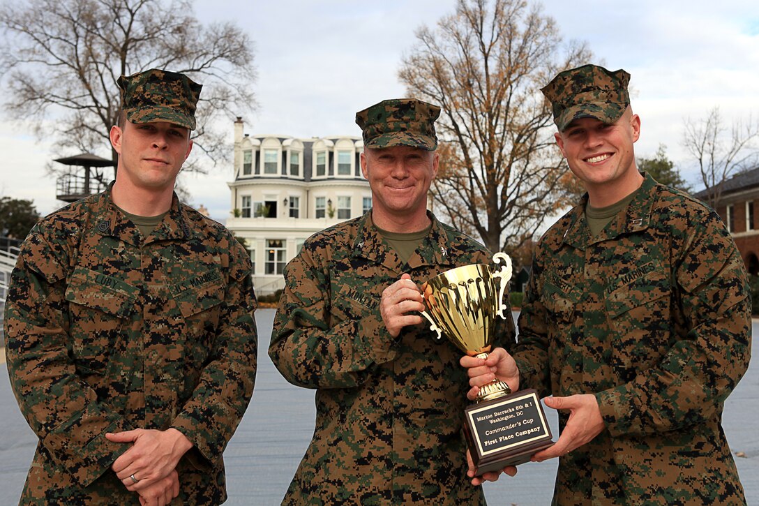 Gunnery Sgt. Ryan Luby, Company A company gunnery sergeant, left, Col. Paul D. Montanus, Marine Barracks Washington commanding officer, center, and Capt. James Hagerty, Company A commander, right, pose for a photo with the 2011 Commander’s Cup trophy at the conclusion of an award ceremony here Nov. 28. Company A accumulated 5,903 points to beat out second place Company B who totaled 5,789 points, and third place Headquarter and Service Company who totaled 3,750 points. The Commander’s Cup was comprised of 14 competitions throughout the year testing the Marines’ military knowledge, marksmanship, competitiveness and physical and mental discipline.