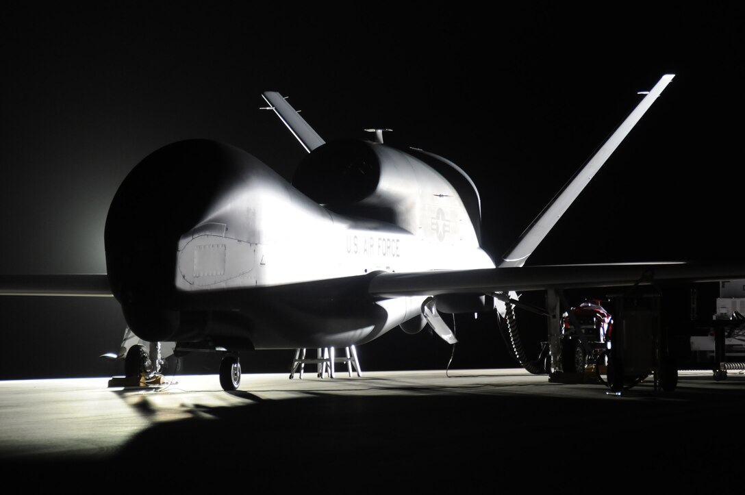 ANDERSEN AIR FORCE BASE, Guam- An RQ-4 Global Hawk awaits take-off on the flight line here, Nov. 14. The RQ-4 is a remotely piloted aircraft that requires a pilot and sensor operator to provide all the necessary information to fly. (U.S. Air Force photo/Senior Airman Carlin Leslie)
