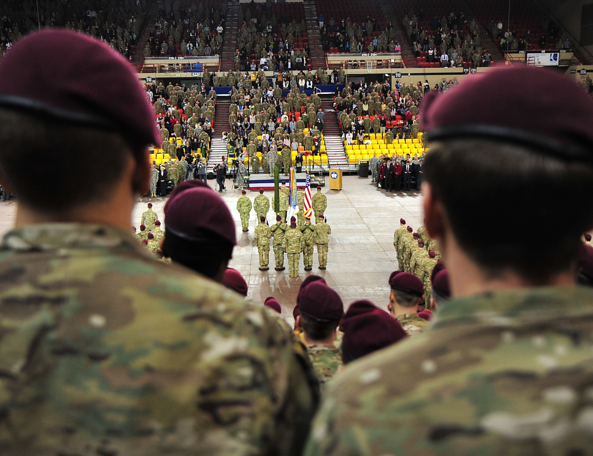 Soldiers from 4th Brigade Combat Team (Airborne), 25th Infantry Division participate on their deployment ceremony at Sullivan Arena, Anchorage, Alaska, Nov. 29, 2011. The 4-25 ABCT "Spartan Brigade" will deploy 3,500 Soldiers on a series of flights in November and December en route to Afghanistan.  (U.S. Air Force photo/Staff Sgt. Sheila deVera)