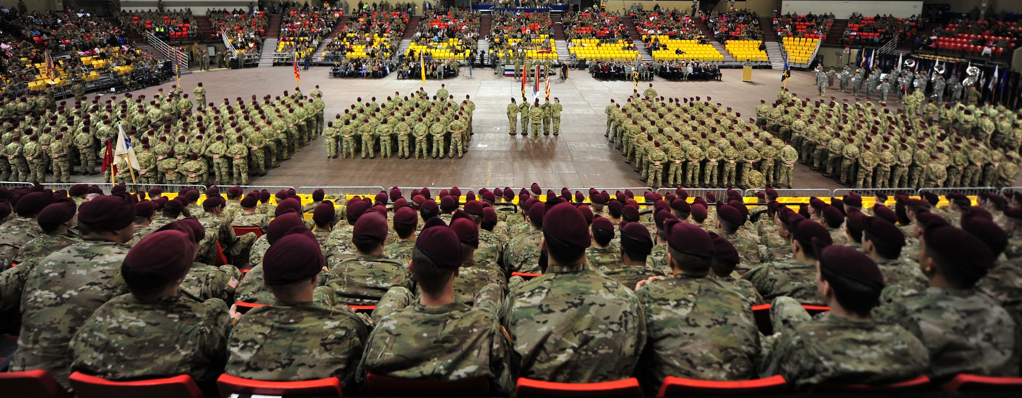Soldiers from 4th Brigade Combat Team (Airborne), 25th Infantry Division participate on their deployment ceremony at Sullivan Arena, Anchorage, Alaska, Nov. 29, 2011. The 4-25 ABCT "Spartan Brigade" will deploy 3,500 Soldiers on a series of flights in November and December en route to Afghanistan. (U.S. Air Force photo/Staff Sgt. Sheila deVera)