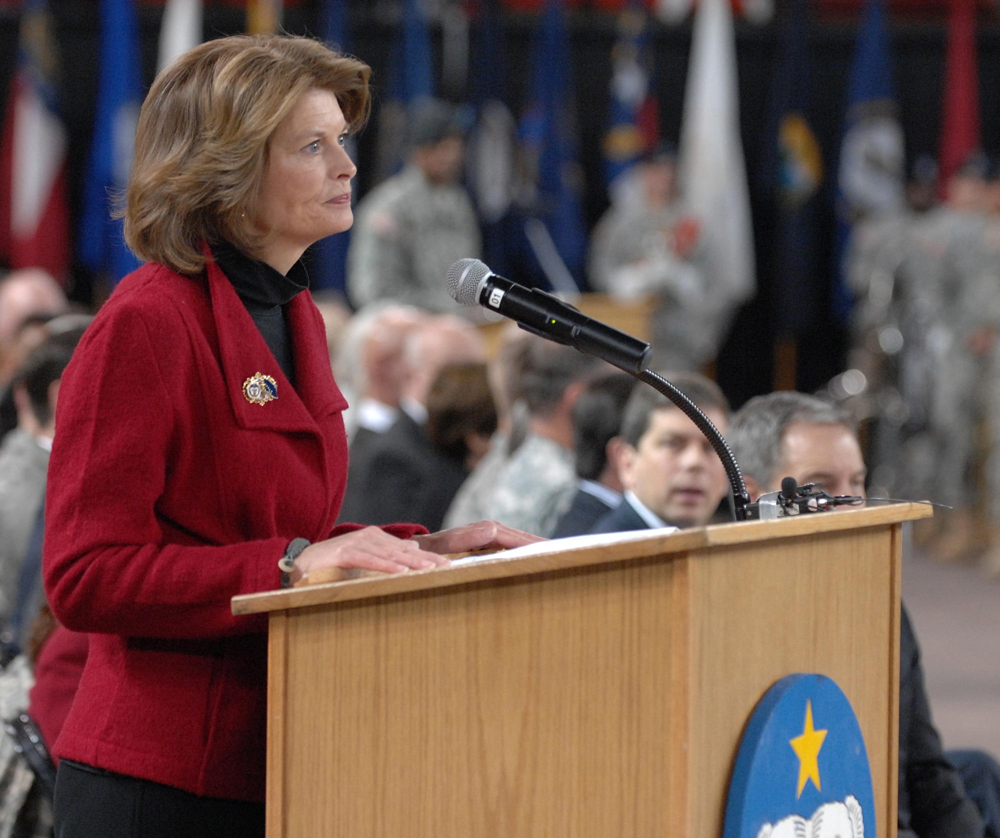 Senator Lisa Murkowski speaks to Soldiers of the 4th Brigade Combat Team (Airborne), 25th Infantry Division during a deployment ceremony at Sullivan Arena, Anchorage, Alaska Nov. 29, 2011.  The 4-25th ABCT, "Spartan Brigade," will deploy 3,500 Soldiers on a series of flights in November and December en route to Afghanistan. (U.S. Air Force photo/Staff Sgt. Zachary Wolf)
