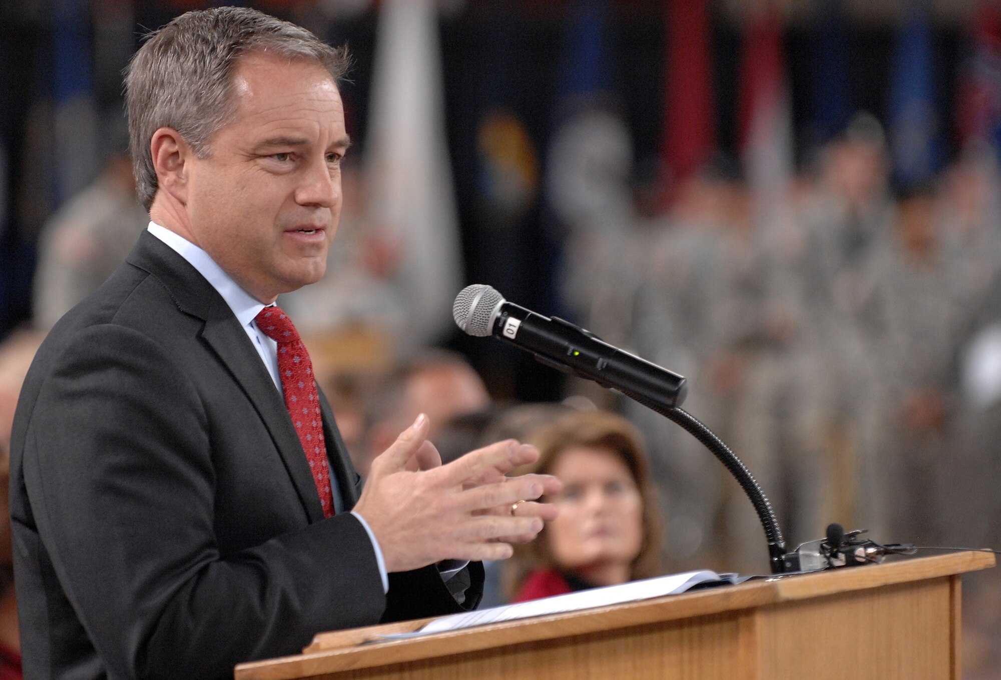 Alaska Governor Sean R. Parnell speaks to Soldiers of the 4th Brigade Combat Team (Airborne), 25th Infantry Division during a deployment ceremony at Sullivan Arena, Anchorage, Alaska, Nov. 29, 2011.  The 4-25th ABCT, "Spartan Brigade," will deploy 3,500 Soldiers on a series of flights in November and December en route to Afghanistan. (U.S. Air Force photo/Staff Sgt. Zachary Wolf)