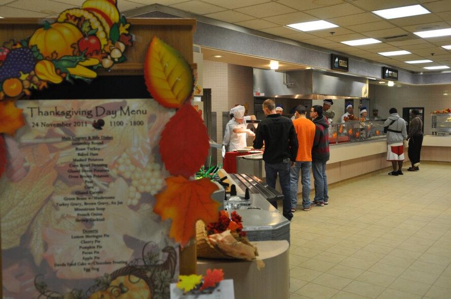 McChord Field commanders, chiefs and first sergeants greeted more than 300 Airmen, retirees and their families during the Thanksgiving Day meal Nov. 24, 2011, at the Olympic Dining Facility, Joint Base Lewis-McChord, Wash. (U.S. Air Force photo/Tech. Sgt. Oshawn Jefferson)
