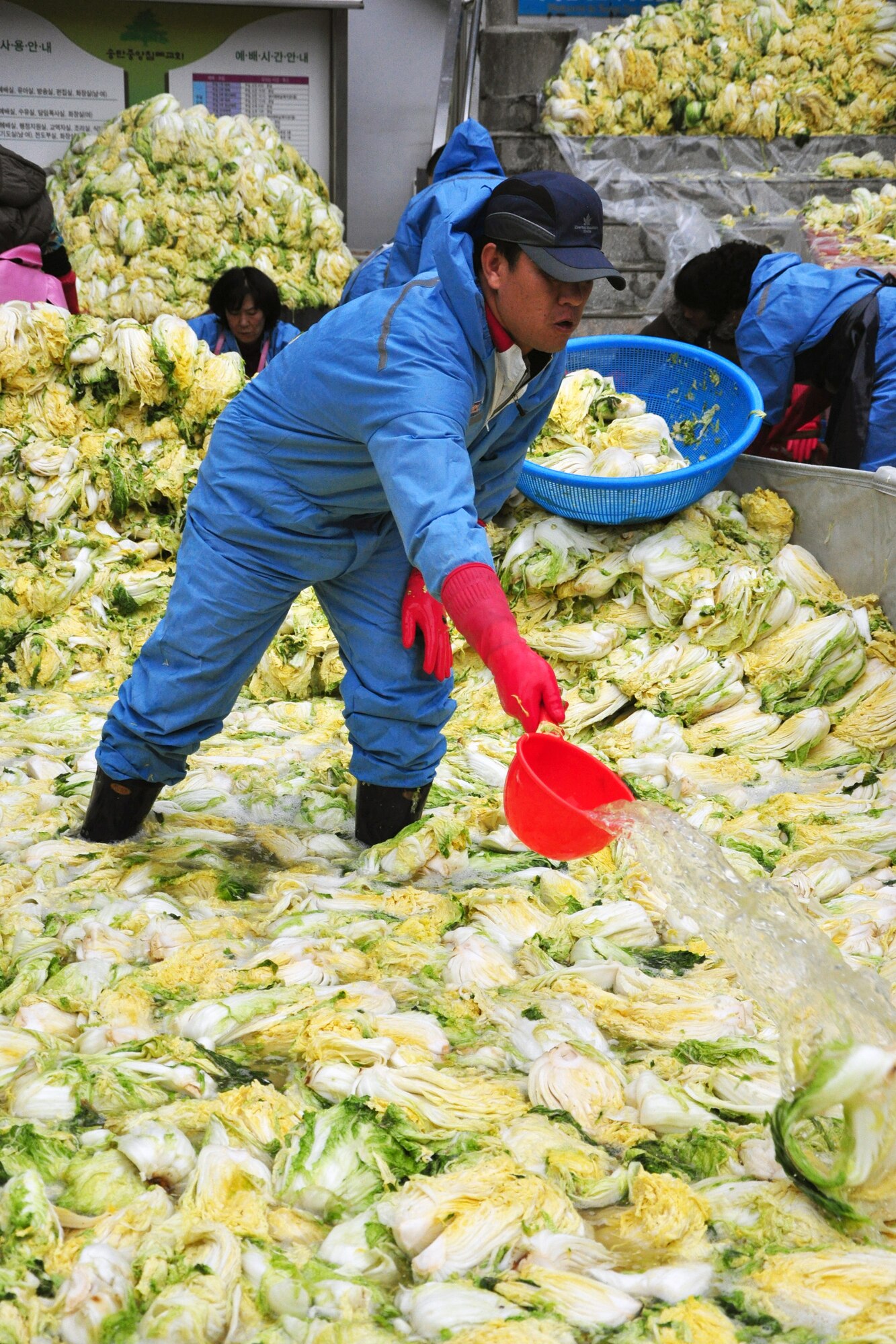 As part of the Good Neighbor Program, Osan and local community members came together Nov. 28 and 29 to prepare nearly 6,000 pounds of kimchi for the holidays in order to help those less fortunate in Songtan. About 200 volunteers helped chop, wash, prep, mix and box nearly 420, 15-pound boxes of kimchi, which will go to 420 local families. (U.S. Air Force photo/Tech. Sgt. Chad Thompson)