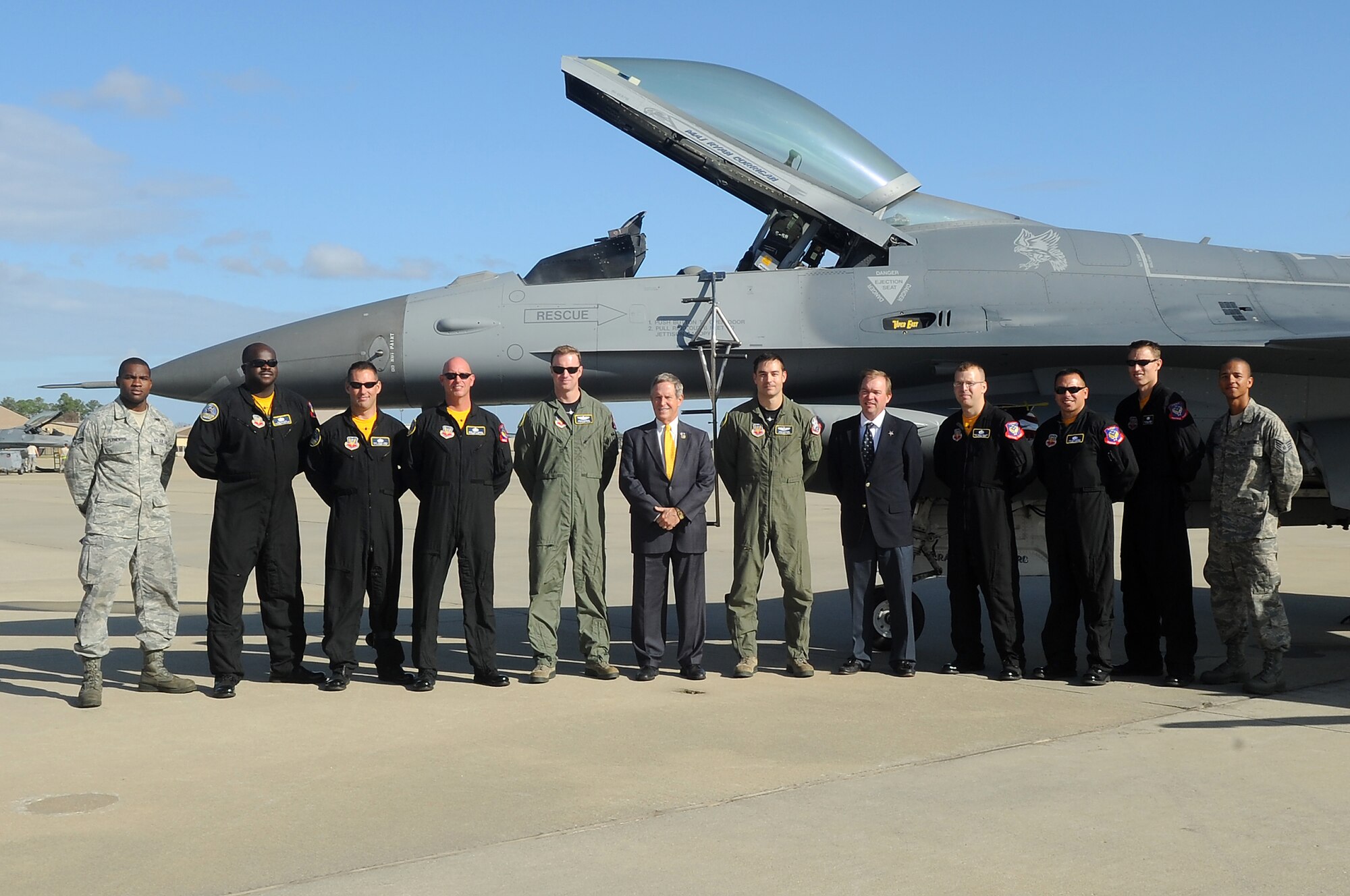 Congressional members Joe Wilson and John Mulvaney pose for a group photo with the Viper East Demo Team at Shaw Air Force Base, S.C., Nov. 28, 2011. Congressional leaders visited the base to better understand base operations, lifestyle, and the mission of Shaw which all Airmen and civilians make possible. (U.S. Air Force photo by Airman First Class Hunter Brady/Released)



