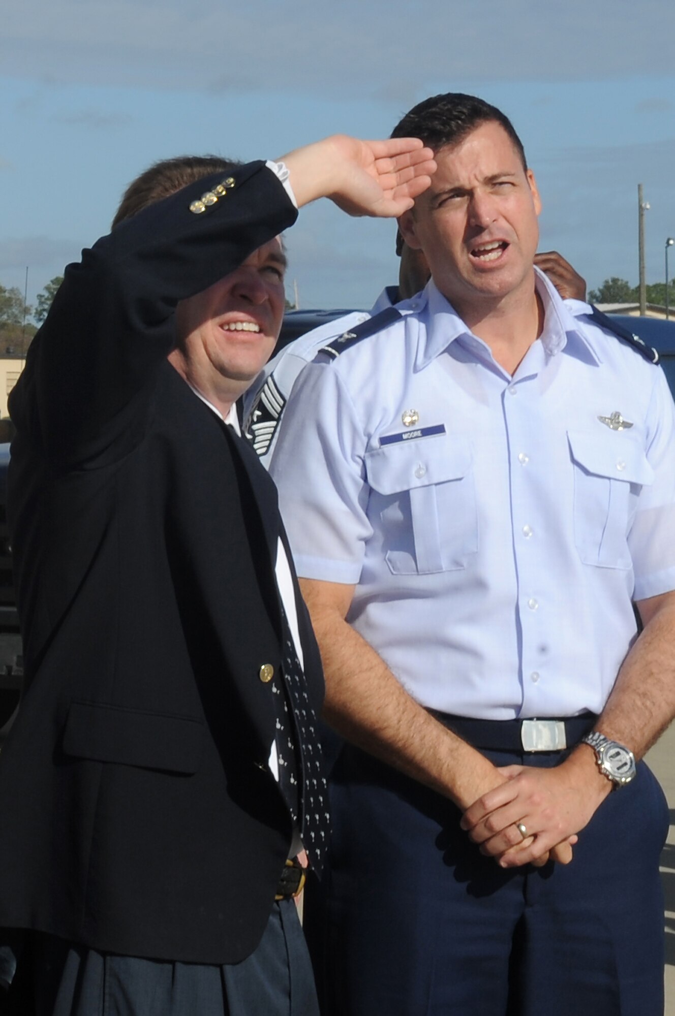 Congressional member John Mulvaney and U.S. Air Force Col. Charles Moore, 20th Fighter Wing commander, witness an F-16 Demo flight at Shaw Air Force Base, S.C., Nov 28, 2011. Congressional leaders visited the base to better understand base operations, lifestyle, and the mission of Shaw which all Airmen and civilians make possible. (U.S. Air Force photo by Airman First Class Hunter Brady/Released)

