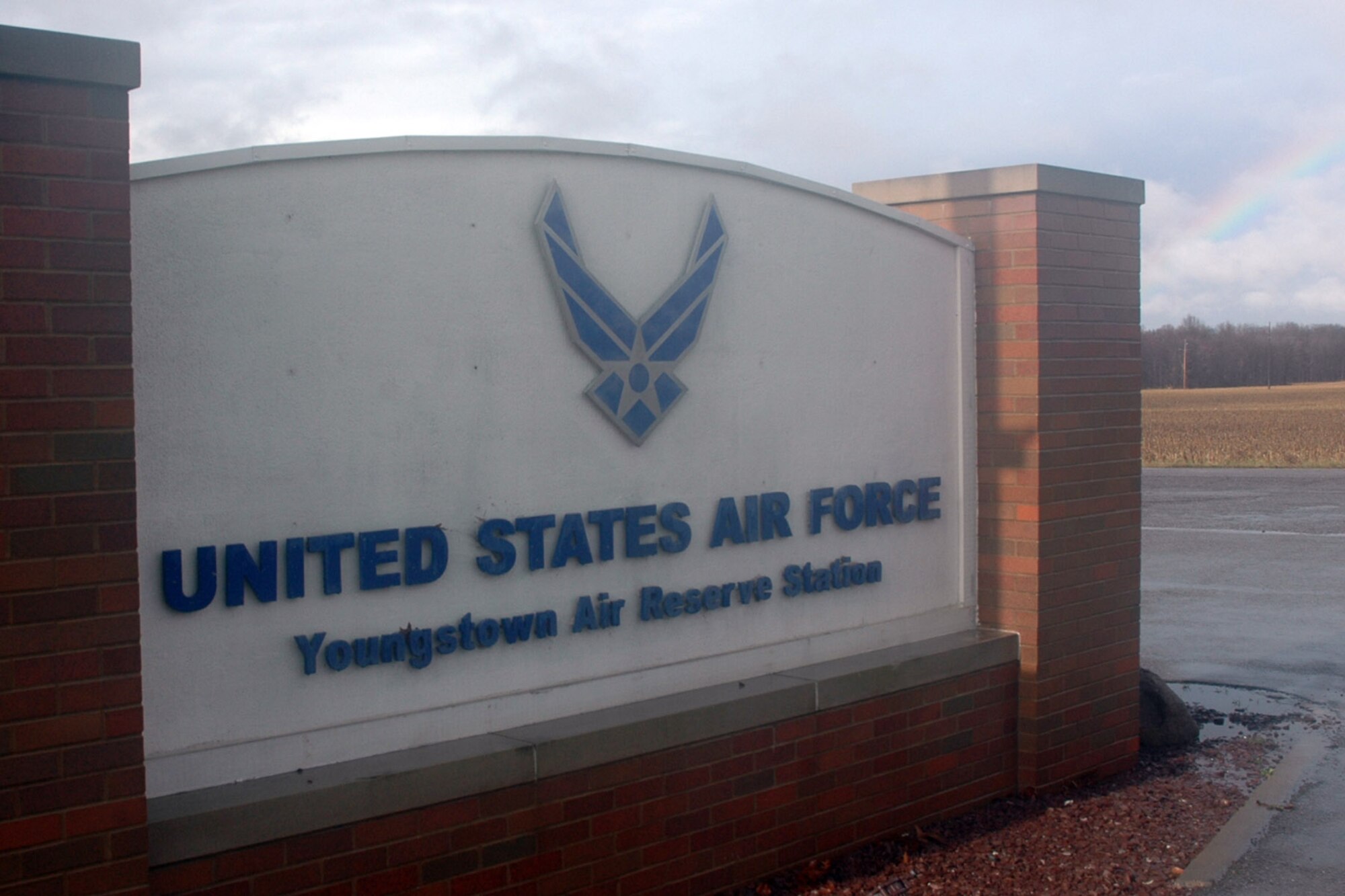 YOUNGSTOWN AIR RESERVE STATION, Ohio -- Unseasonably warm temperatures, rain showers, peaks of sunshine and a rare autumn rainbow seen outside the main gate, Nov. 29, gave those assigned here a break from the typically cold and snowy conditions that Northeast Ohio during this time of year. Despite the reprieve from the season's usual weather, YARS personnel are busily preparing for the upcoming holidays with events such as the annual Toys for Tots campaign and an after-hours holiday wreath decorating class held at the YARS community Activity Center. U.S. Air Force photo by Master Sgt. Bob Barko Jr.