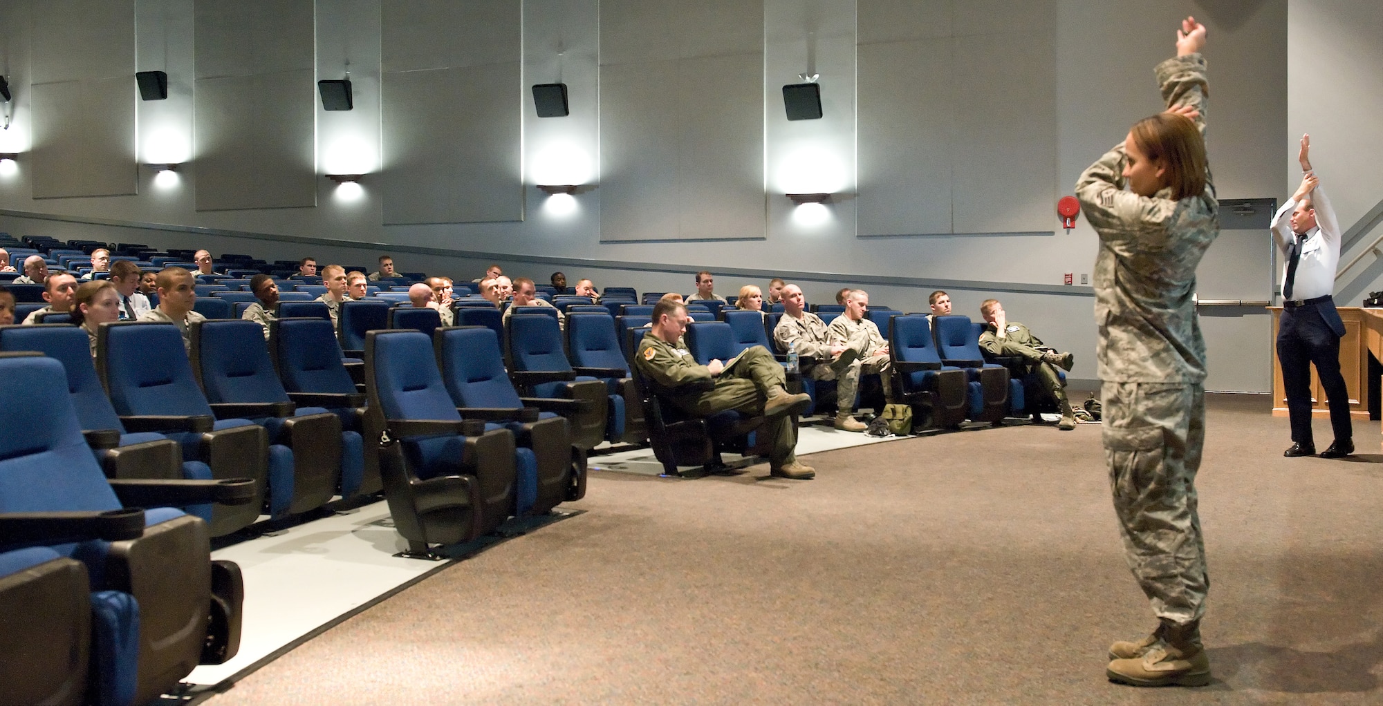 Staff Sgt. Rebecca Silvis, Self Aid Buddy Care wing advisor with the 436th Medical Support Squadron, and Master Sgt. Michael Meinhold, SABC instructor with the 436th Operations Support Squadron, instruct Team Dover members on the proper SABC procedures at the base theater Nov. 28, 2011, Dover Air Force Base, Del. Team Dover members received final Operational Readiness Inspection training as the 436th and 512th Airlift Wings prepare for an upcoming ORI. (U.S. Air Force photo/Roland Balik)