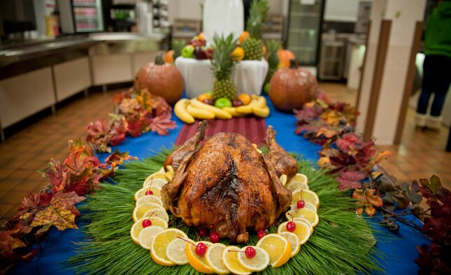 A turkey sits on display during Thanksgiving at the Georgia Pines Dining Facility, Moody Air Force Base, Ga., Nov. 24, 2011. The DFAC served lunch and dinner Thanksgiving meals which were available to all members of the Moody community and their guests. (U.S. Air Force photo by Staff Sgt. Jamal D. Sutter/Released) 