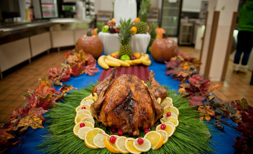A turkey sits on display during Thanksgiving at the Georgia Pines Dining Facility, Moody Air Force Base, Ga., Nov. 24, 2011. The DFAC served lunch and dinner Thanksgiving meals which were available to all members of the Moody community and their guests. (U.S. Air Force photo by Staff Sgt. Jamal D. Sutter/Released) 