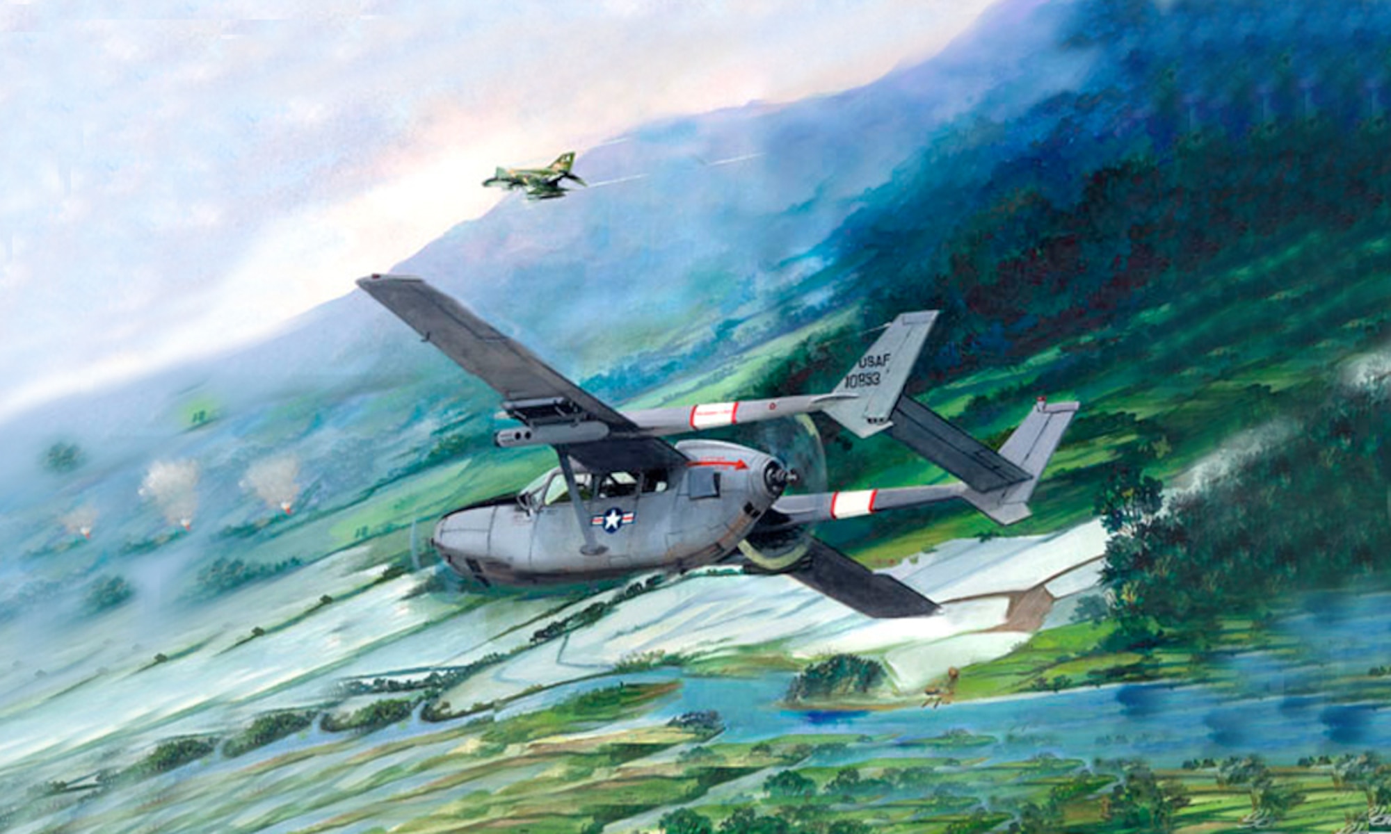 "You're Cleard in Hot", 20th TASS Da Nang AB in support of the 366th Gun Fighters. 02-A Super Skymaster shooting "willie pete" marking rockets. Tail number confirmed by the Air Force Historical Research Center. Painting by Tony Stencel. Courtesy Air Force Art Collection