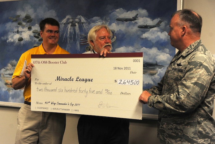 Colonel Erik Hansen presents a check to the Charleston Miracle League Nov.23 for the amount of $2,645 which was raised during the Commander's Cup Golf Tournament at Joint Base Charleston - Air Base. The Charleston Miracle League is a baseball league for special needs children. Hansen is the Commander of the 437th Airlift Wing. (U.S. Air Force photo/Airman 1st Class Ashlee Galloway)