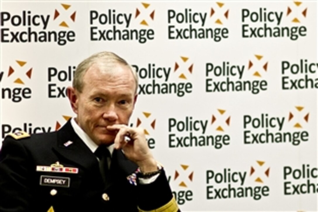 U.S. Army Gen. Martin E. Dempsey, chairman of the Joint Chiefs of Staff, listens during the Colin Cramphorn Memorial Lecture series in London, Nov. 28, 2011. The lecture honors Cramphorn, who was chief constable of West Yorkshire Police from Sept. 2002 to Nov. 2006.  